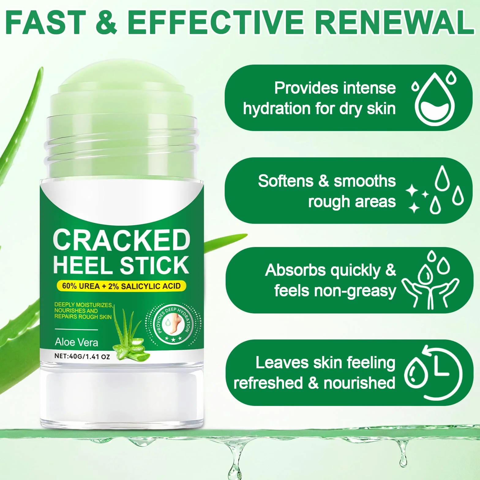 Aloe Vera sztyft do pielęgnacji stóp z 60% mocznikiem, 2-pak – łagodzi suche, popękane pięty, 2% kwas salicylowy, nawilżający balsam do stóp, nawilżający, wegański, nietestowany na zwierzętach