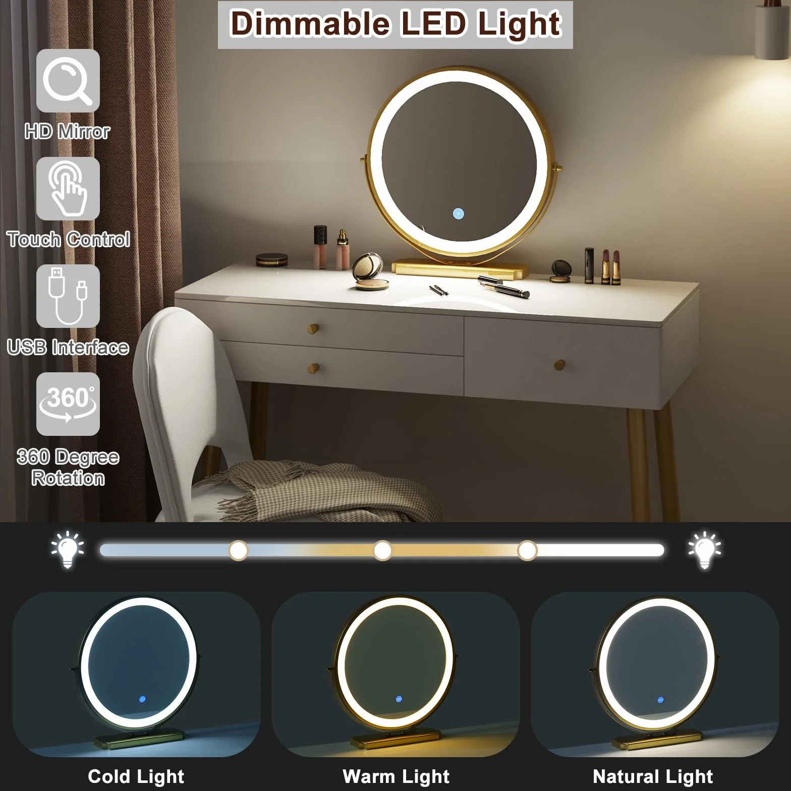 WOLTU Toaletka z lustrem LED, regulowane oświetlenie, 3 szuflady, duży blat 100x40 cm, z aksamitnym stołkiem, biały + krem + złoty, MB6105ws