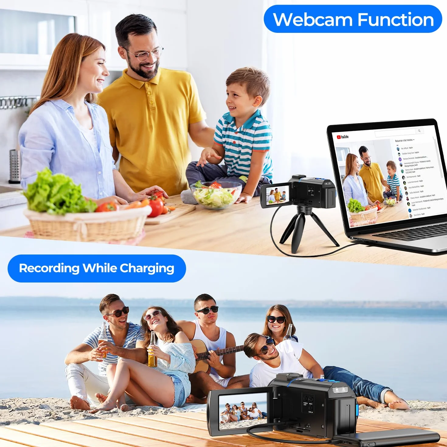 Kamera wideo 4K 48MP do vlogowania na YouTube, noktowizor ekran dotykowy 3" 270° obrotowy 16-krotny zoom cyfrowy camcorder video camera, kamera do vlogowania z kartą 32 GB, pilot, bateria, zdalnego