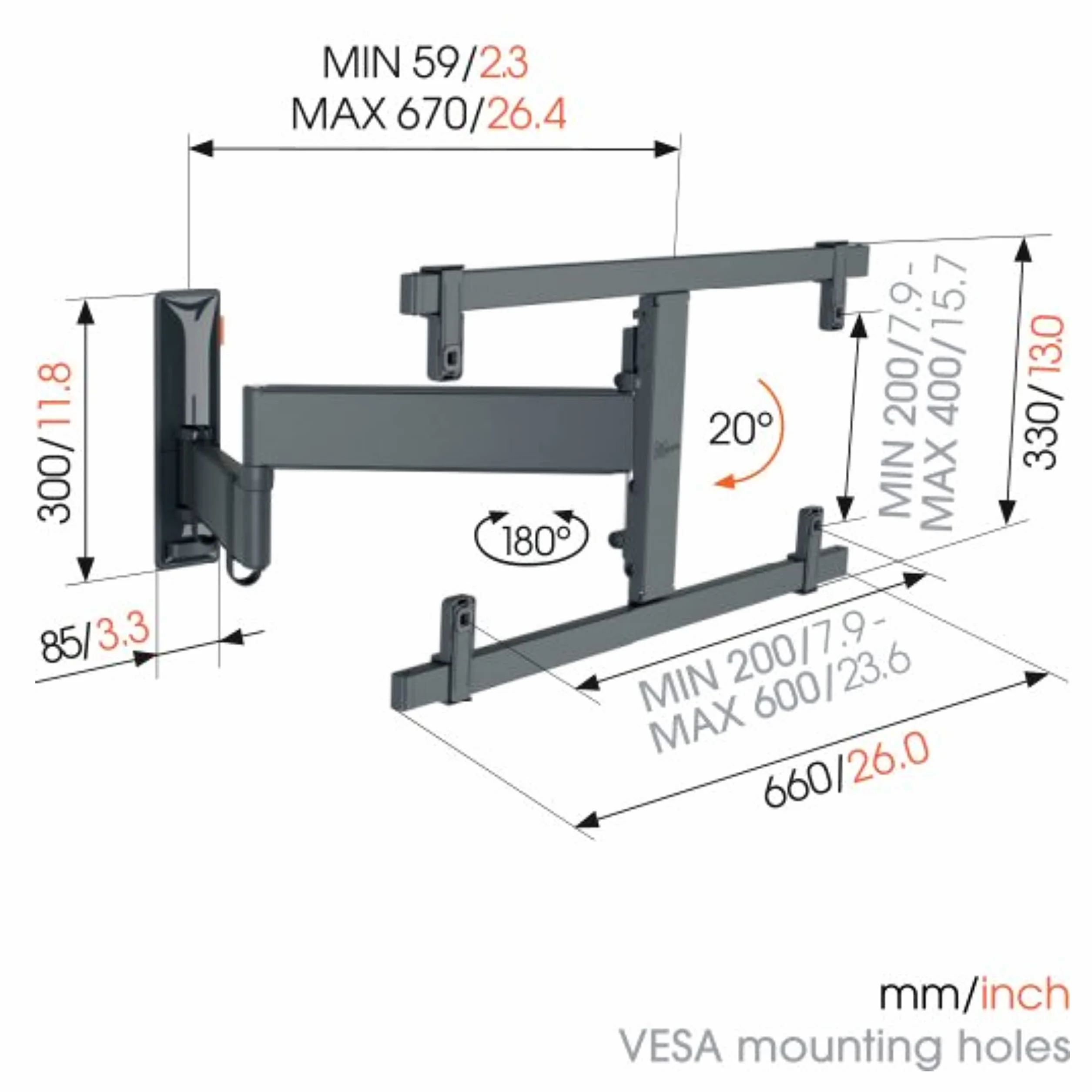 Vogel's TVM 3665 obrotowy uchwyt ścienny OLED do telewizorów 40-77", maks. 35 kg, obracany do 180°, uchwyt OLED Full-Motion maks. VESA 600 x 400, uniwersalna kompatybilność