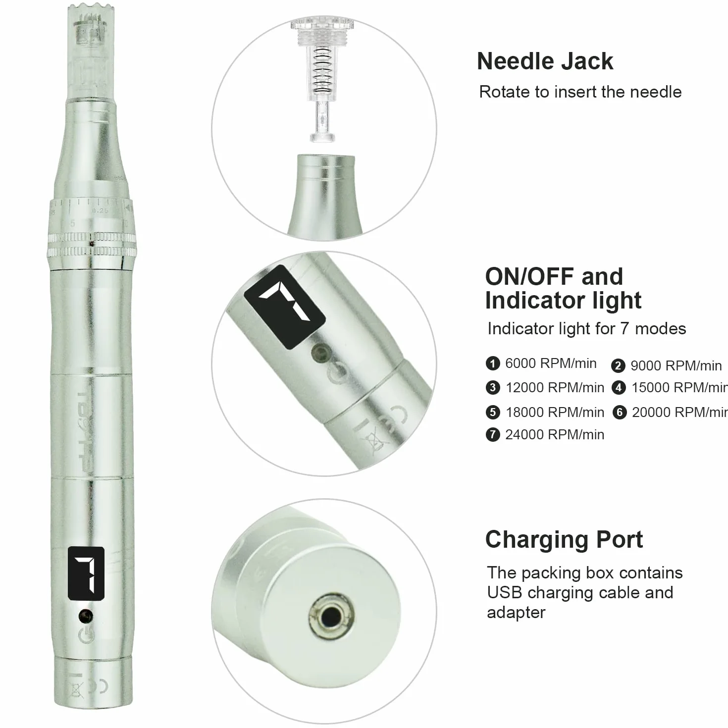Dermapen TBPHP M1 z LCD mezoterapia + wkłady 12 szt (Srebro)