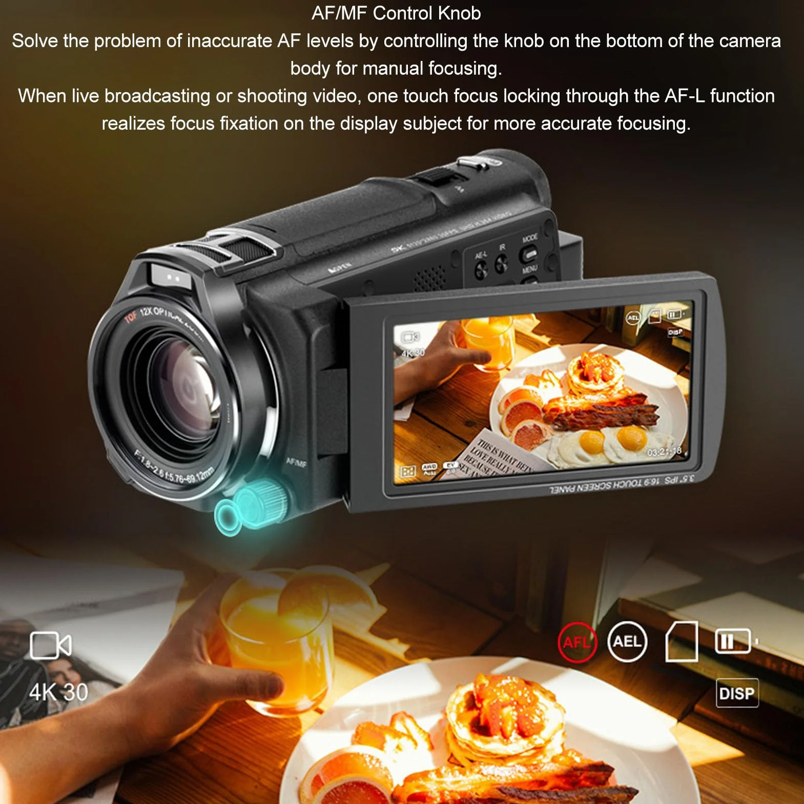 Kamera Wideo 5K, 12X Optica, Inteligentny Zoom 40X, Kamera do Vlogowania, 48 MP, 30 Kl./s z automatyczną regulacją Ostrości i 3,5-calowym Mikrofonem IPS z Ekranem Dotykowym do