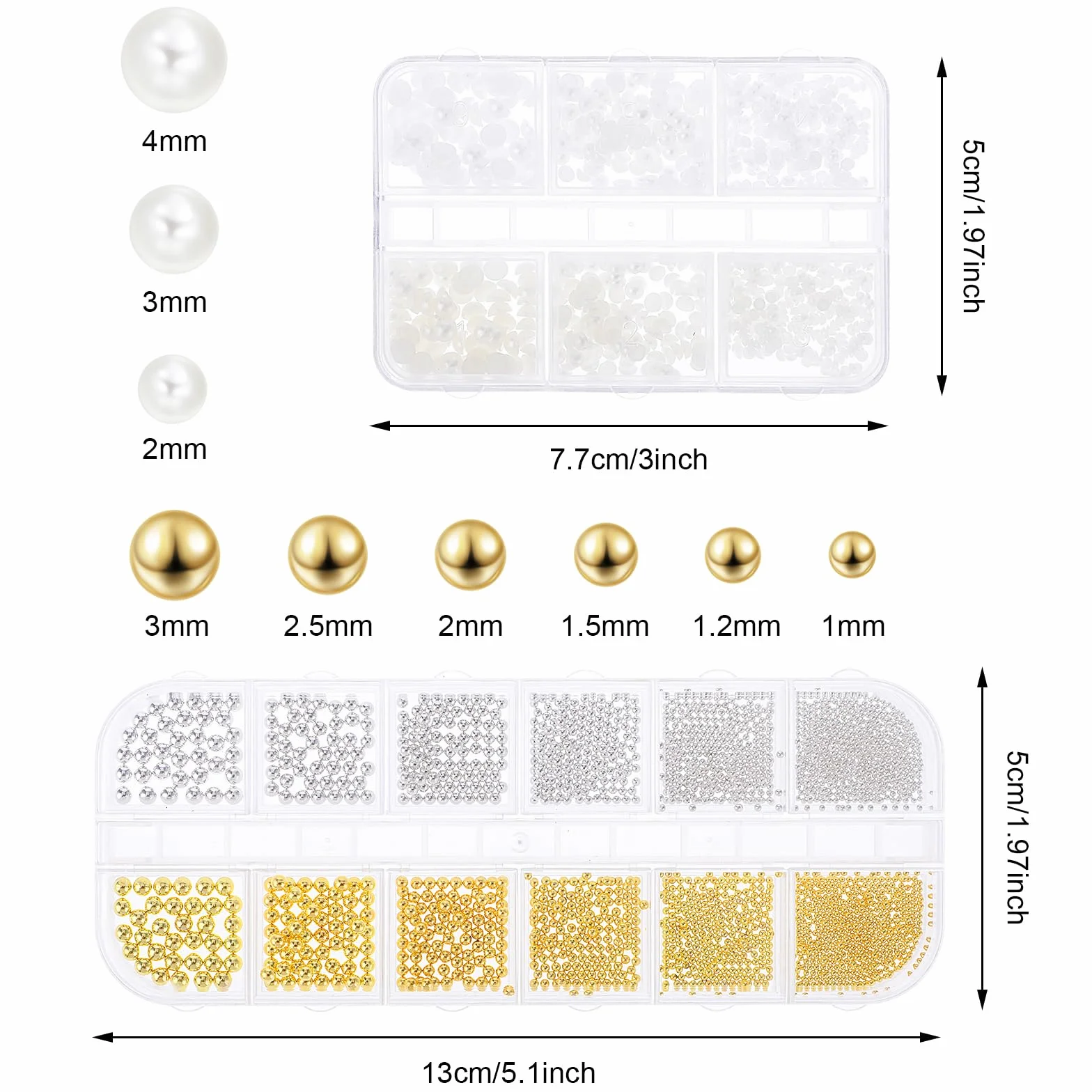 YuxianLB 2 pudełka Nail Art Charms koraliki do paznokci kamienie do paznokci płaski tył perełki małe złote srebrne stalowe kulki biżuteria do paznokci żelowych Caviar Beads do zdobienia paznokci