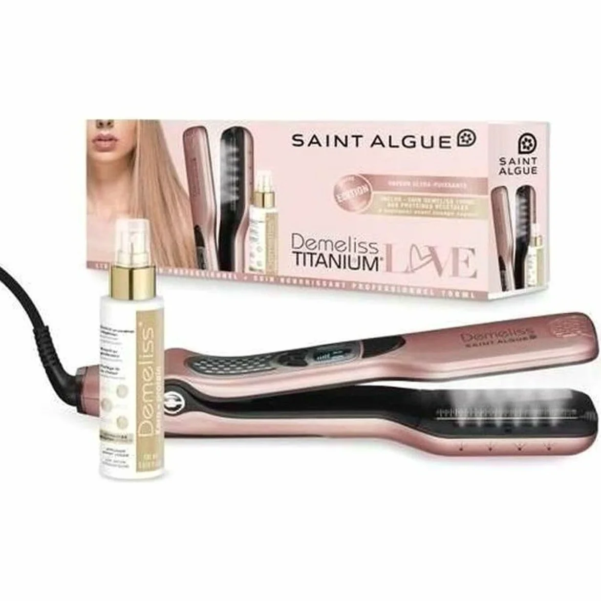 SAINT ALGUE Zestaw wygładzający do pary Demeliss TITANIUM Love Edition kolor różowy gold + pielęgnacja odżywcza 100ml Kera-PROTEIN