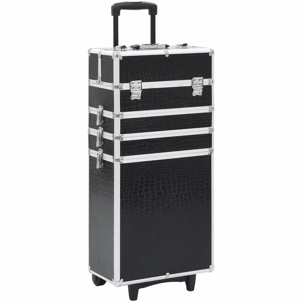 Walizka na kosmetyki aluminiowa, czarna, z tłoczeniem krokodyla, 4 półki, wysuwane półki, 4 zdejmowane kółka, 37 x 22 x 78 cm, organizer na podróż, do hotelu, na kemping i do łazienki