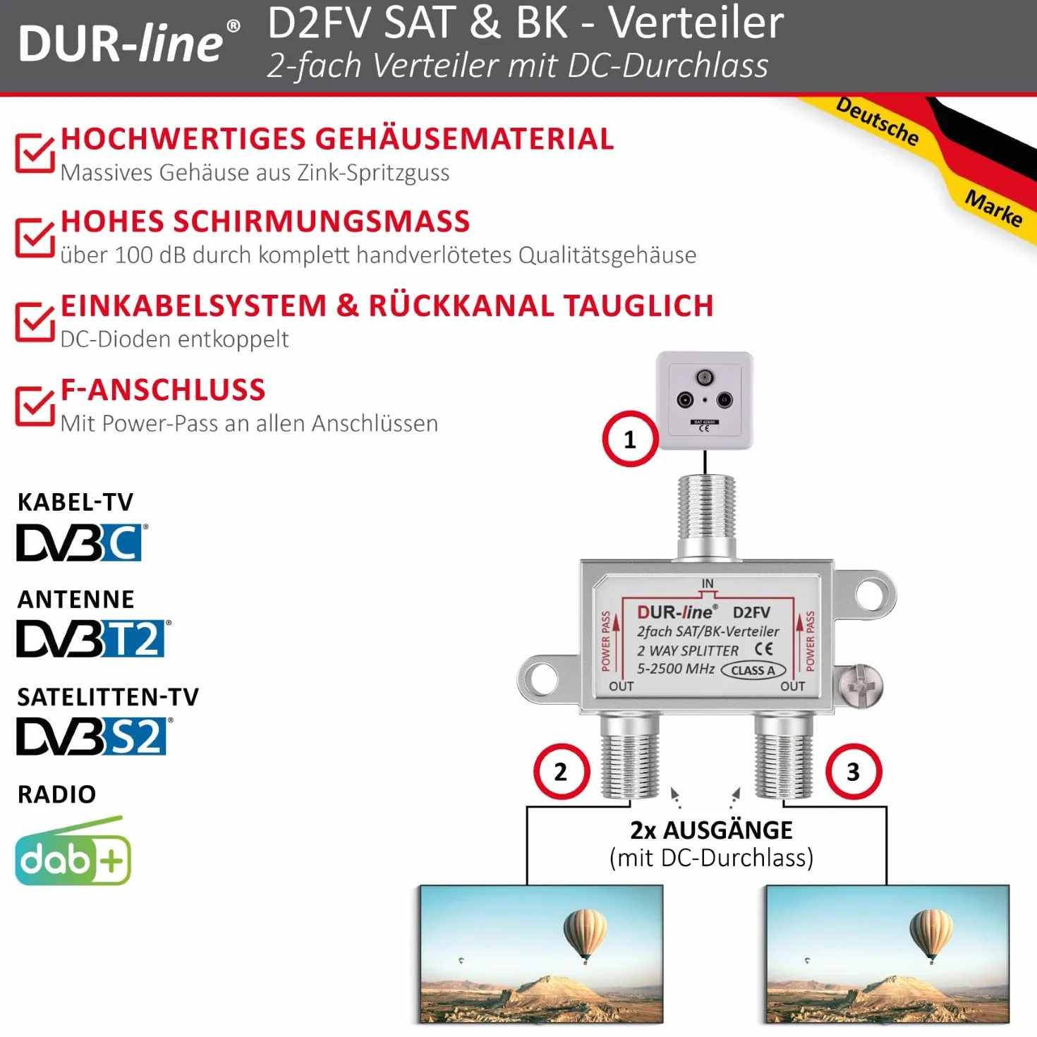 DUR-Line D2FV Rozdzielacz Sat/Bk 2-Drożny Splitter W Pełni Ekranowany Kompatybilny Z Unicable i HD Do Instalacji Satelitarnych Radio Telewizji