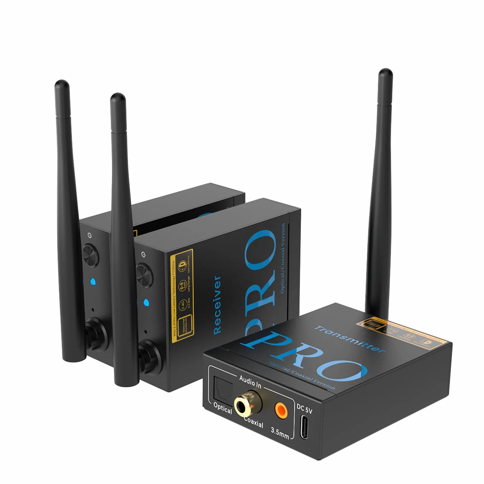 1Mii bezprzewodowy nadajnik i odbiornik audio 3 w 1, transmisja radiowa 2,4 GHz, niskie opóźnienia, muzyka Hi-Fi z TV/PC do aktywnego subwoofera/głośnika/stereo, optyczny/koncentryczny/3,5 mm wyjście