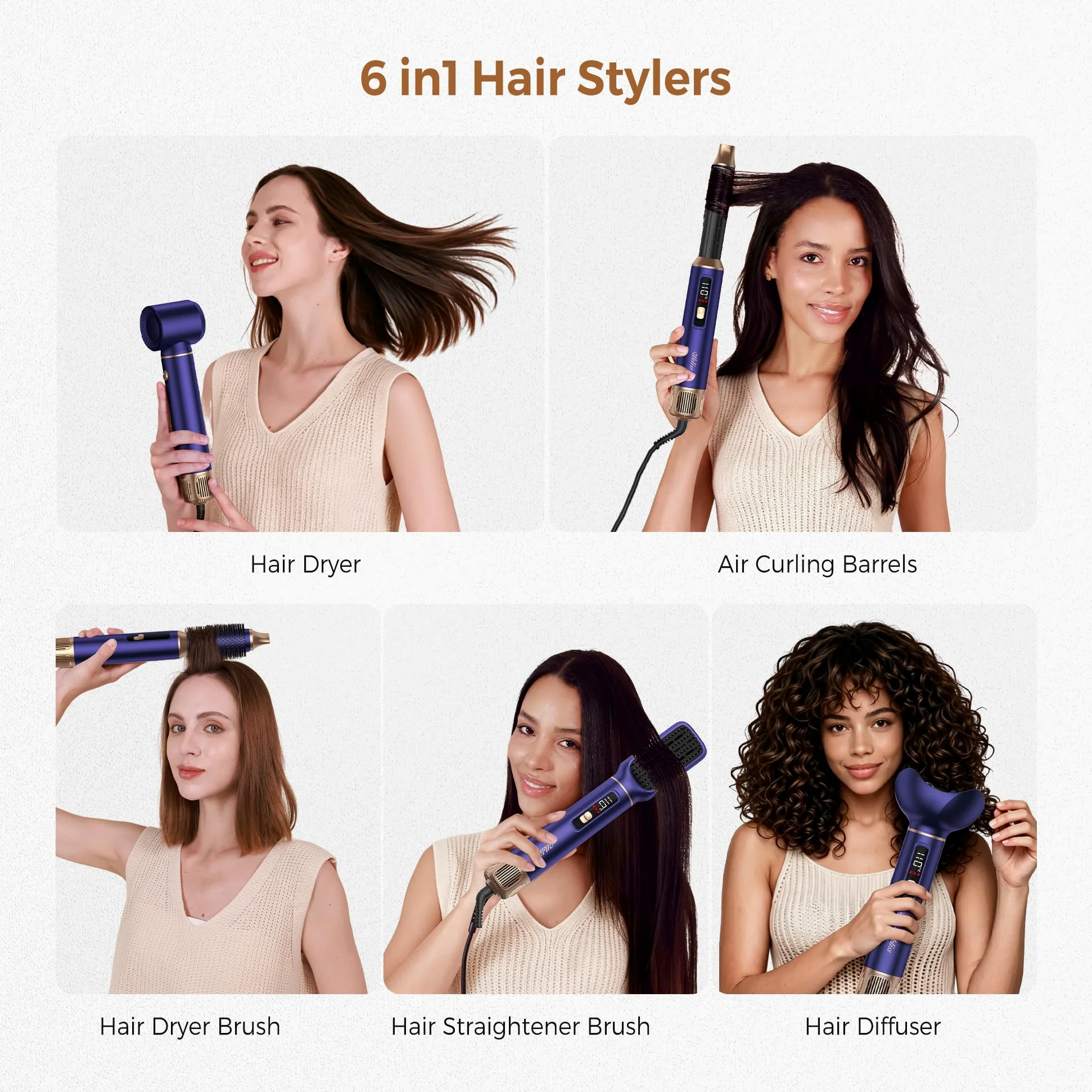 UKLISS Hairstyler 6 w 1 Air Styler Set [z dyfuzorem], Pro Hair Styler Set LCD 1000 W, suszarka do włosów z dyfuzorem, lokówka z okrągłą szczotką, szczotka do włosów, szczotka do włosów, szczotka do