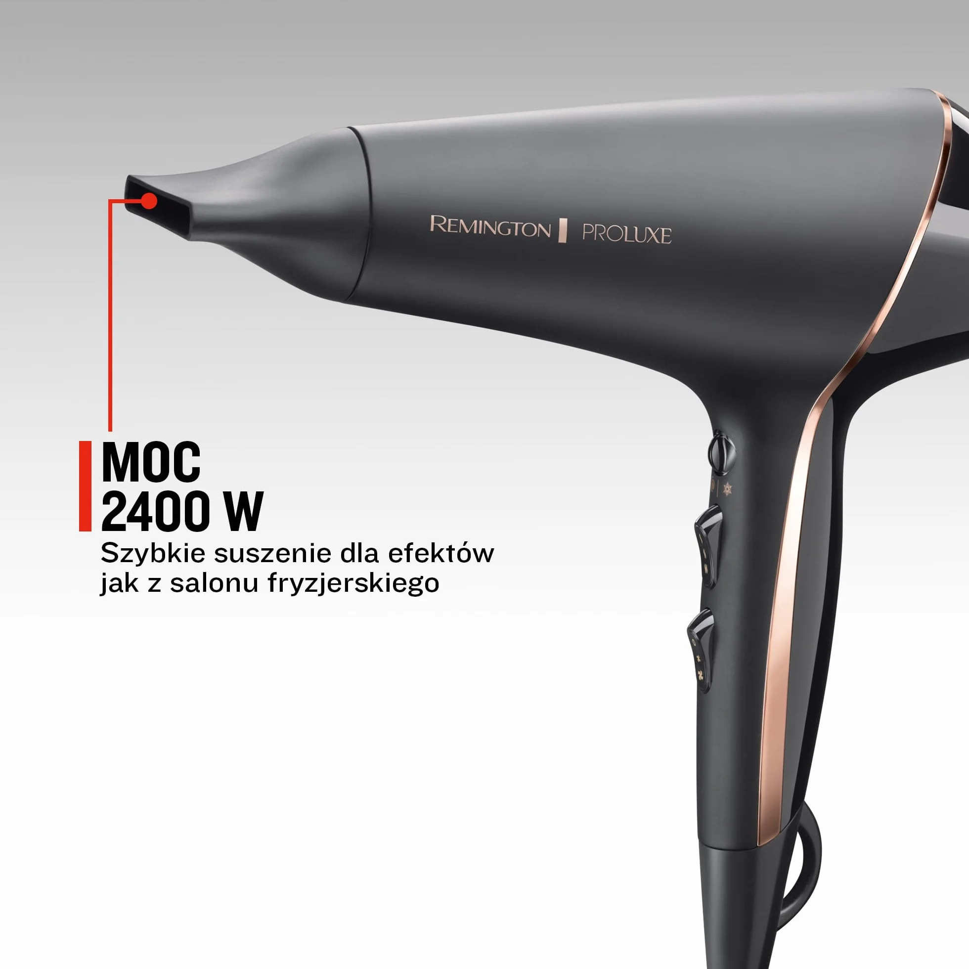 Remington suszarka do włosów z jonizacją, inteligentna tech. OptiHeat - utrwala fryzurę do 24h, 2 koncentratory i dyfuzor, lekka, zimny nawiew, moc 2400W, 150 km/h, PROluxe Midnight AC9140B