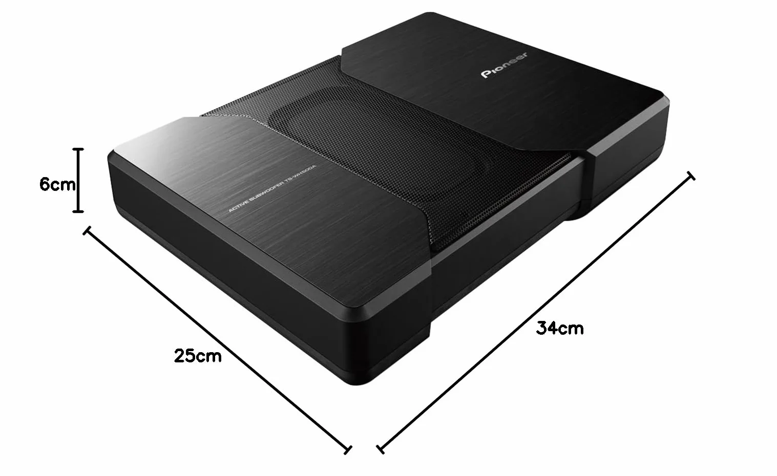 Pioneer TS-WH500A aktywny subwoofer, kompaktowy subwoofer z technologią HVT (150 W), wbudowany wzmacniacz MOSFET, aluminiowa obudowa, czarny, 340 x 60 x 250 mm