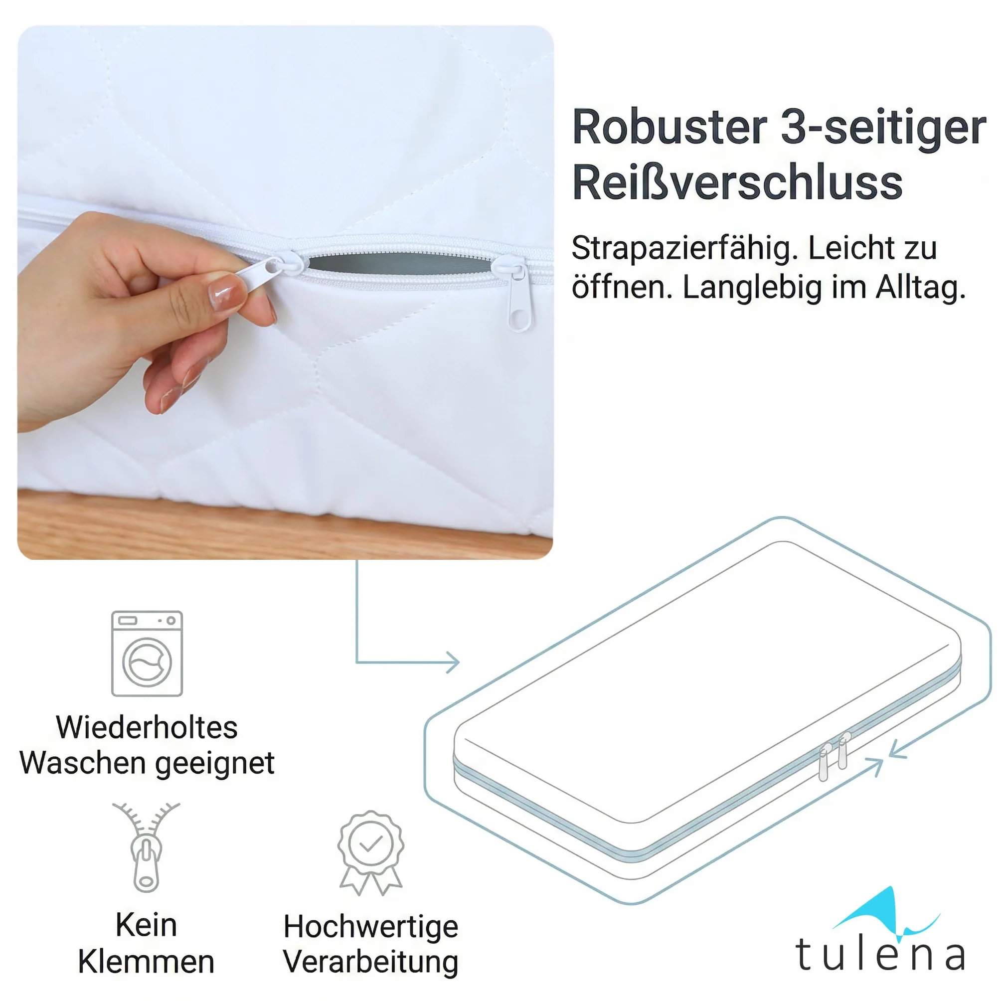 TULENA Pokrowiec na materac 160x200 cm ochraniacz z mikrofibry z zamkiem błyskawicznym biały Öko-Tex