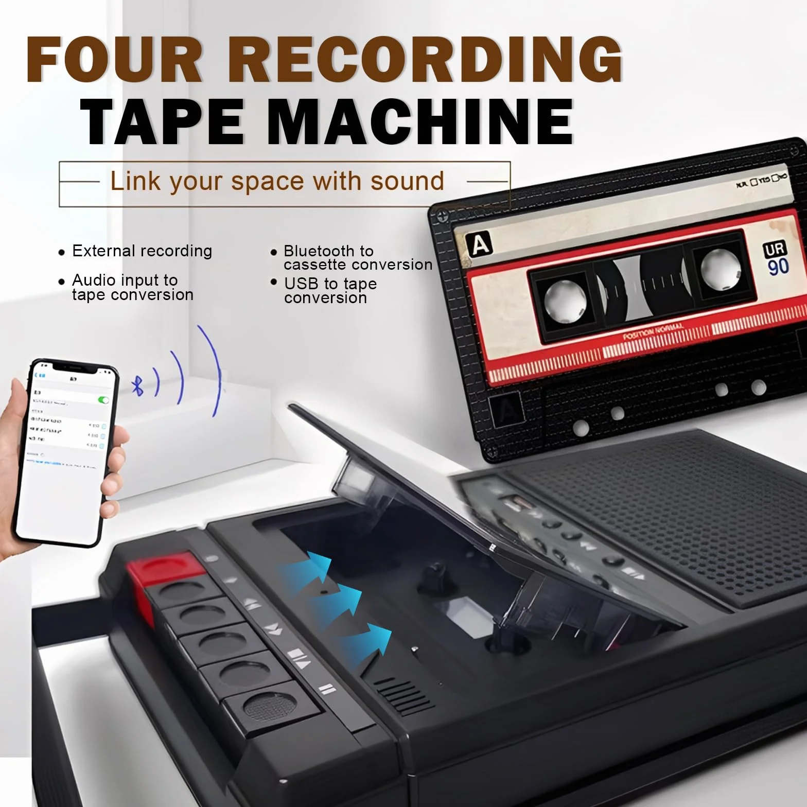 Odtwarzacz kasetowy, Bluetooth, przenośny odtwarzacz kasetowy z nagrywaniem, kaseta do muzyki MP3 przez USB/SD/PC, magnetofon kasetowy z wysuwanym uchwytem