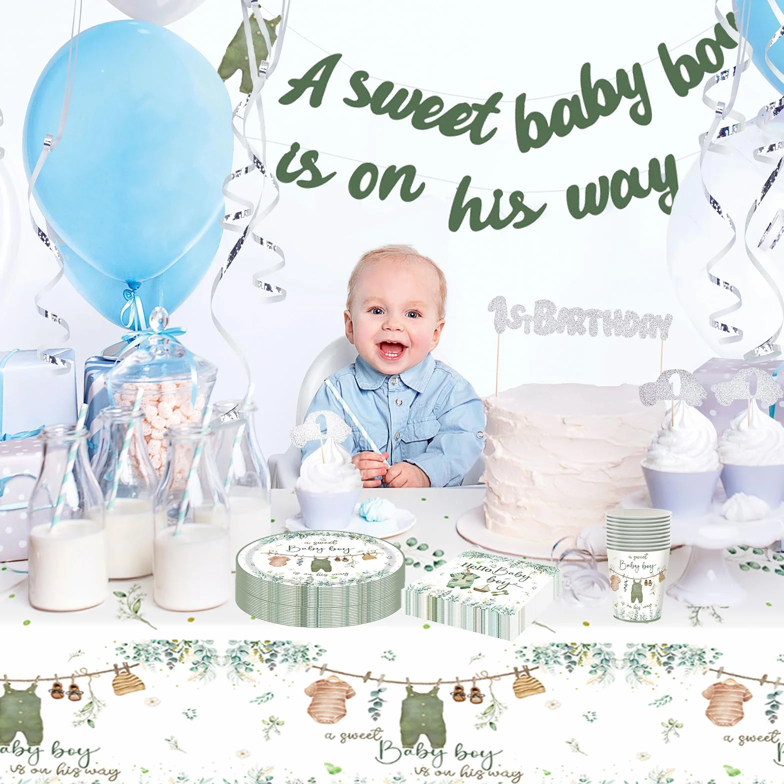 Zestaw zastawy stołowej baby shower dla chłopca szałwiowa zieleń 16 gości papierowe talerze serwetki kubki obrus banery