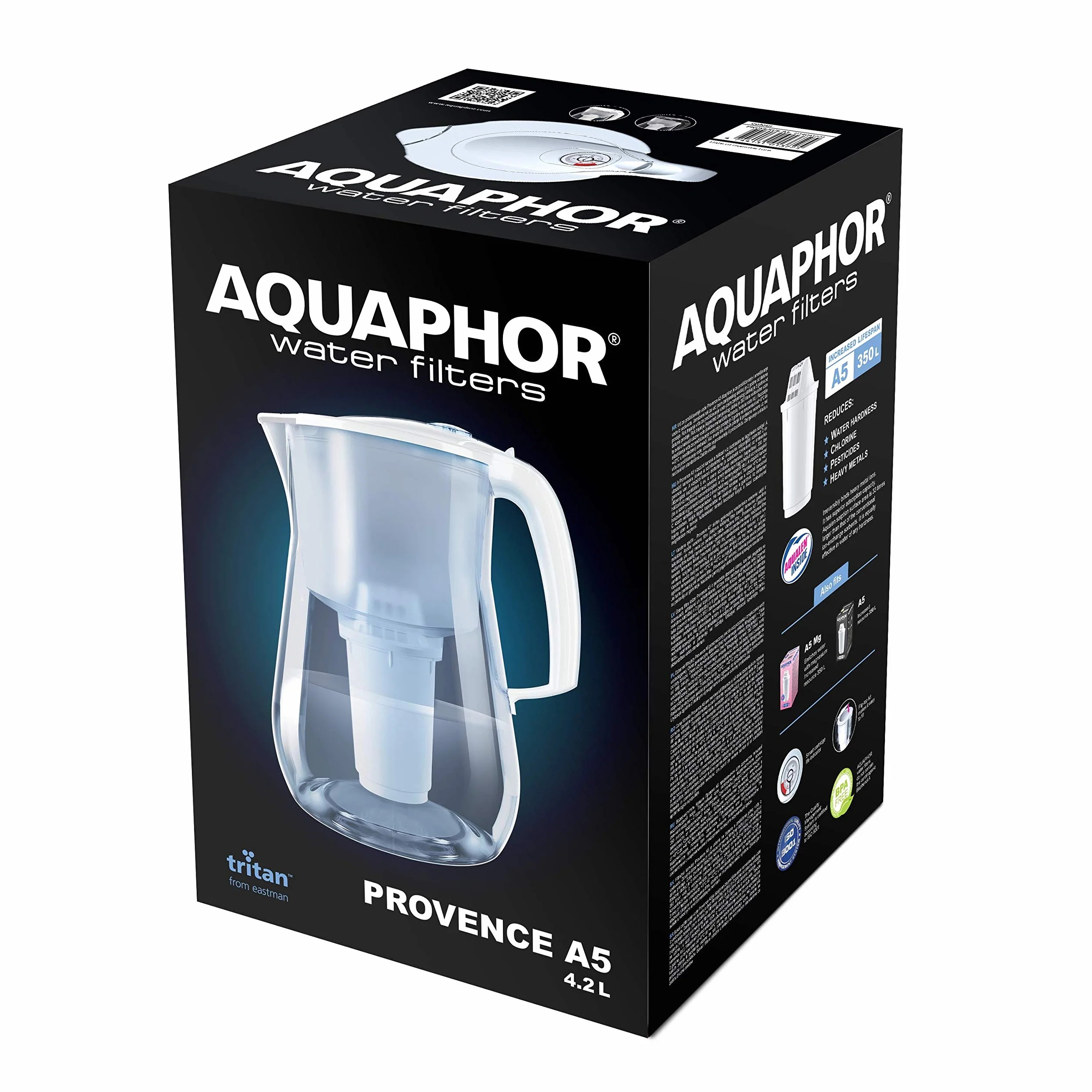 AQUAPHOR Filtr do wody Provence czarny w zestawie z 1 filtrem A5 I karafka na 4,2 l I Duży fiIter o wyglądzie szkła I Redukuje wapno i chlor, filtr do wody stołowej, stylowy pojemnik, idealny dla