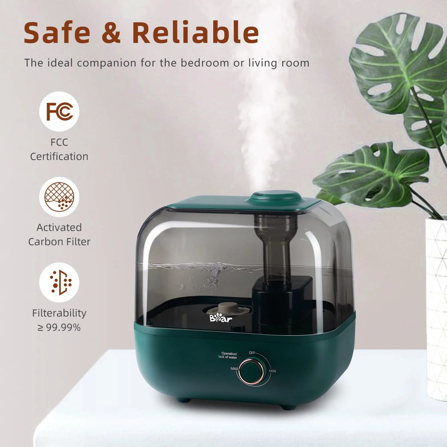 BEAR Nawilżacz powietrza 5 l, bardzo cichy 28 dB, dla niemowląt i roślin, czas pracy 35 godzin, z tacą do aromaterapii, dyszą parową 360°, automatyczne wyłączanie