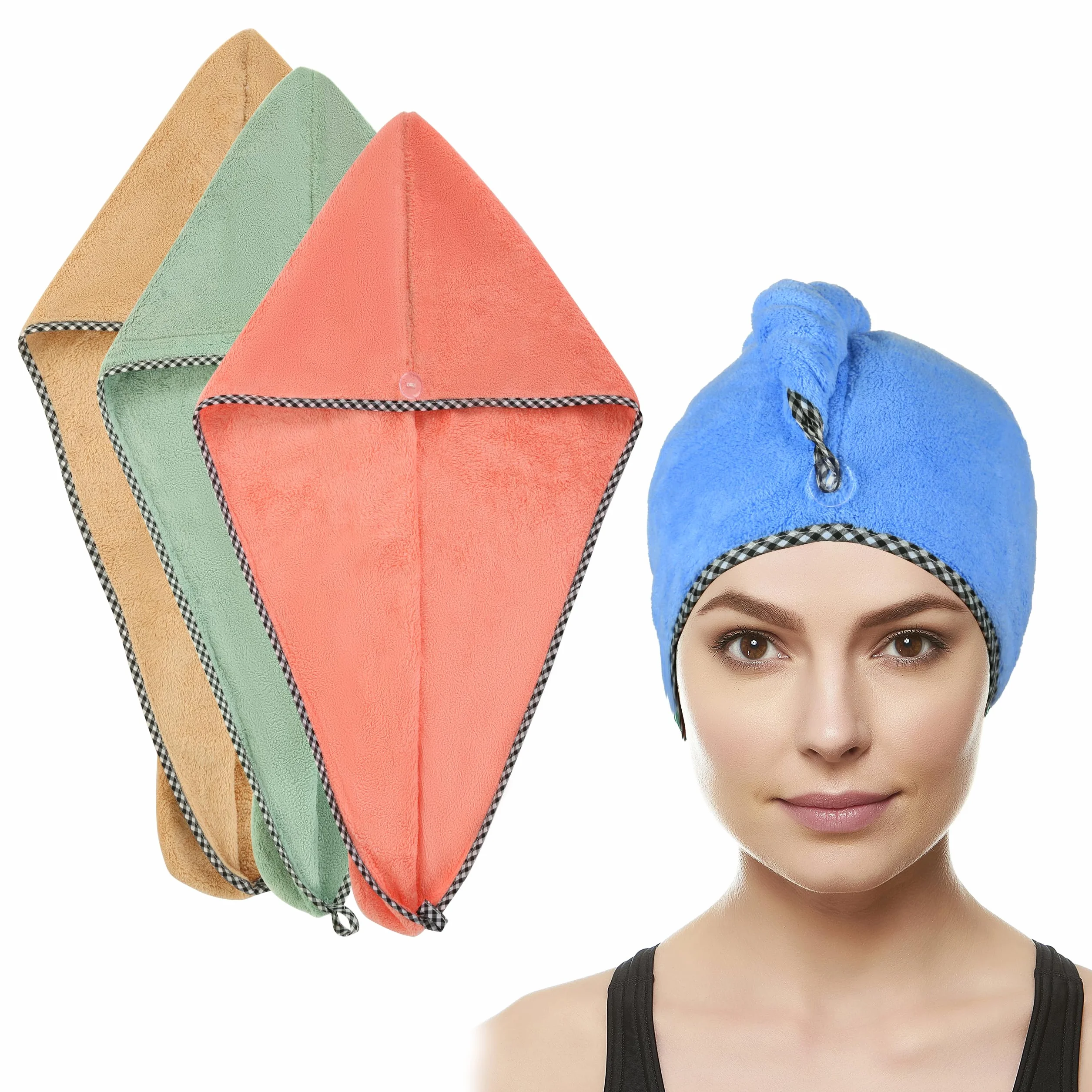 4 turbanów do włosów z mikrofibry, szybkoschnący ręcznik do włosów, ręcznik na głowę z guzikiem do włosów długich, krótkich, prostych lub kręconych