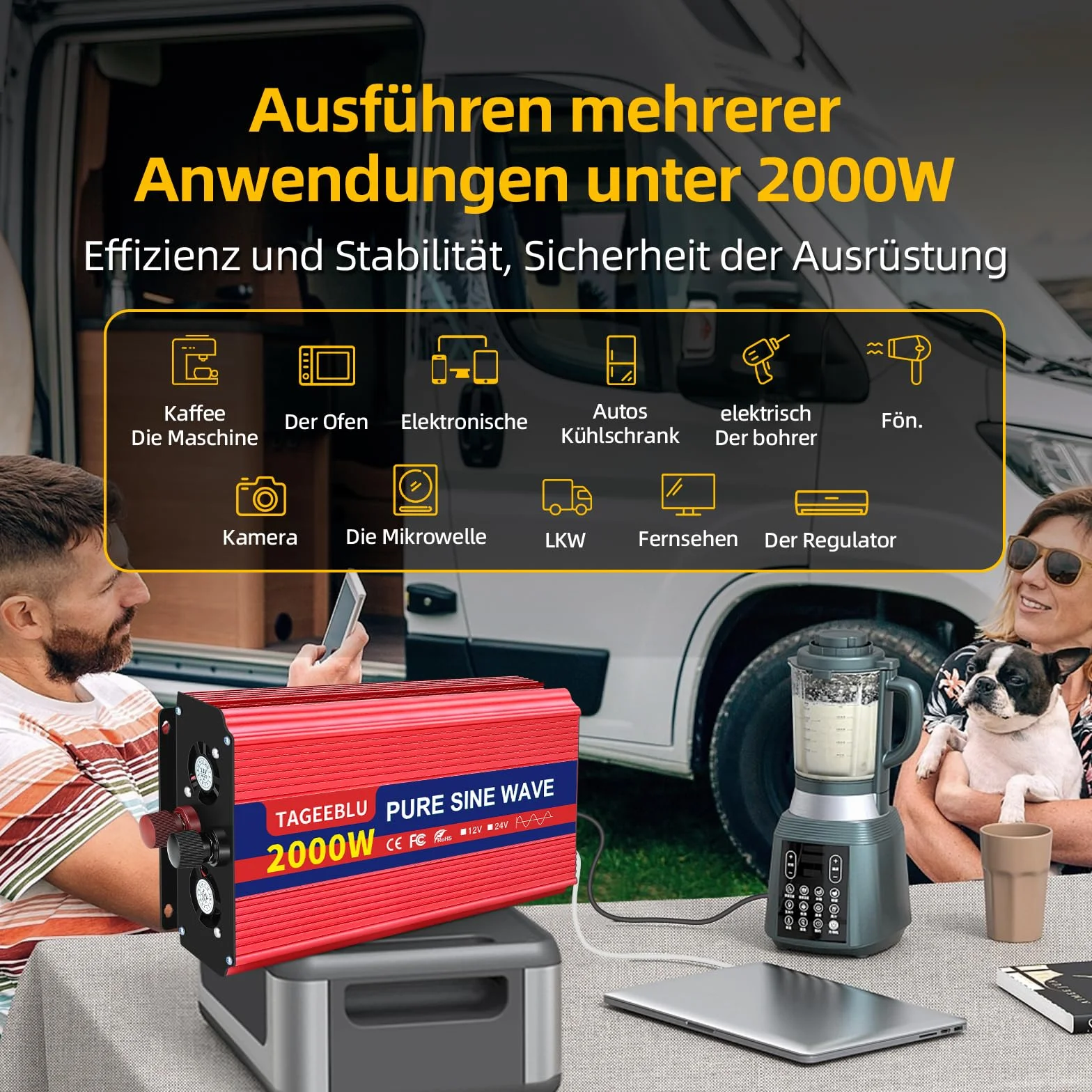 2000W Czysty falownik sinusoidalny DC 12V do AC 230V przetwornica napięcia, falownik do pojazdów z zaciskiem krokodylkowym, 1 gniazdo AC i wyświetlacz LCD