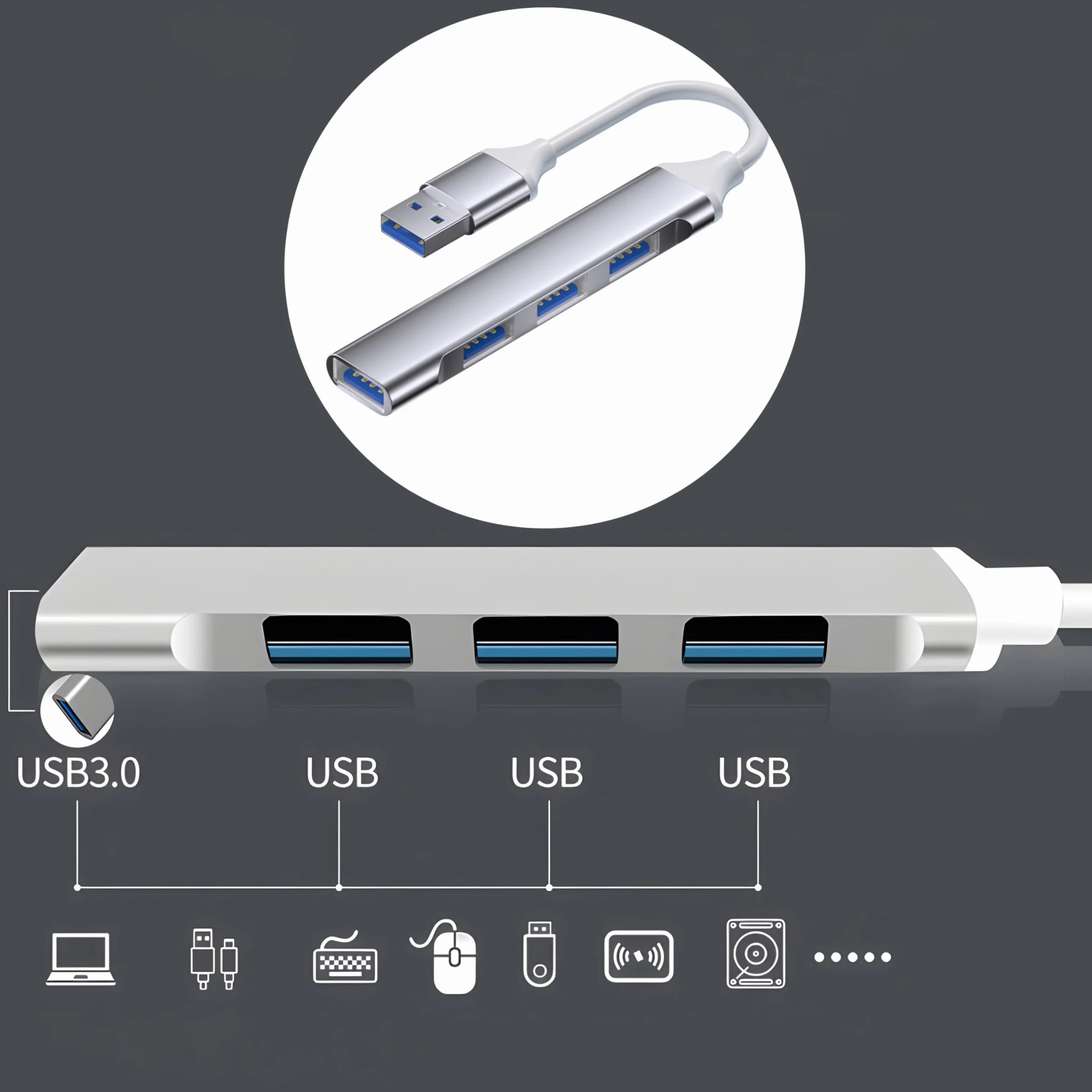 Retoo Hub USB 3.0 4-portowy rozdzielacz Surface Desktop PC Splitter do komputera stacjonarnego Laptop Konsola Windows Flash Drive Drukarki Klawiatury Urządzenia 5 Gb/s Wiele wtyczek Porty danych Srebr