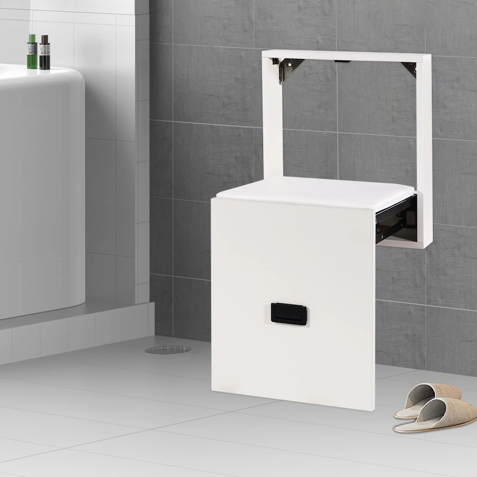 Taboret do wymiany butów z poduszką do siedzenia z PCW, montowany na ścianie, składany taboret do przedpokoju, niewidoczne składane krzesło do korytarza, nośność 150 kg, oszczędność miejsca