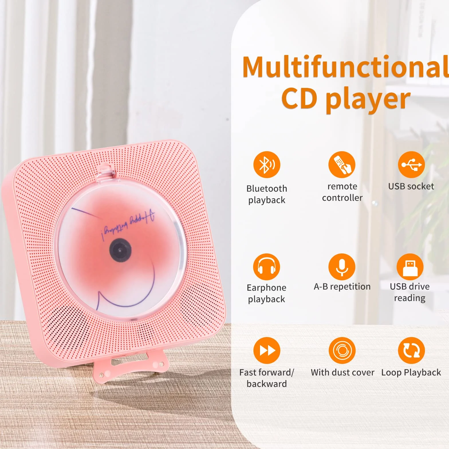Yintiny Uroczy różowy odtwarzacz CD z Bluetooth 5.0, ładowalny, do dekoracji wnętrz, przenośny, piękny, pilot zdalnego sterowania, wejście AUX i USB
