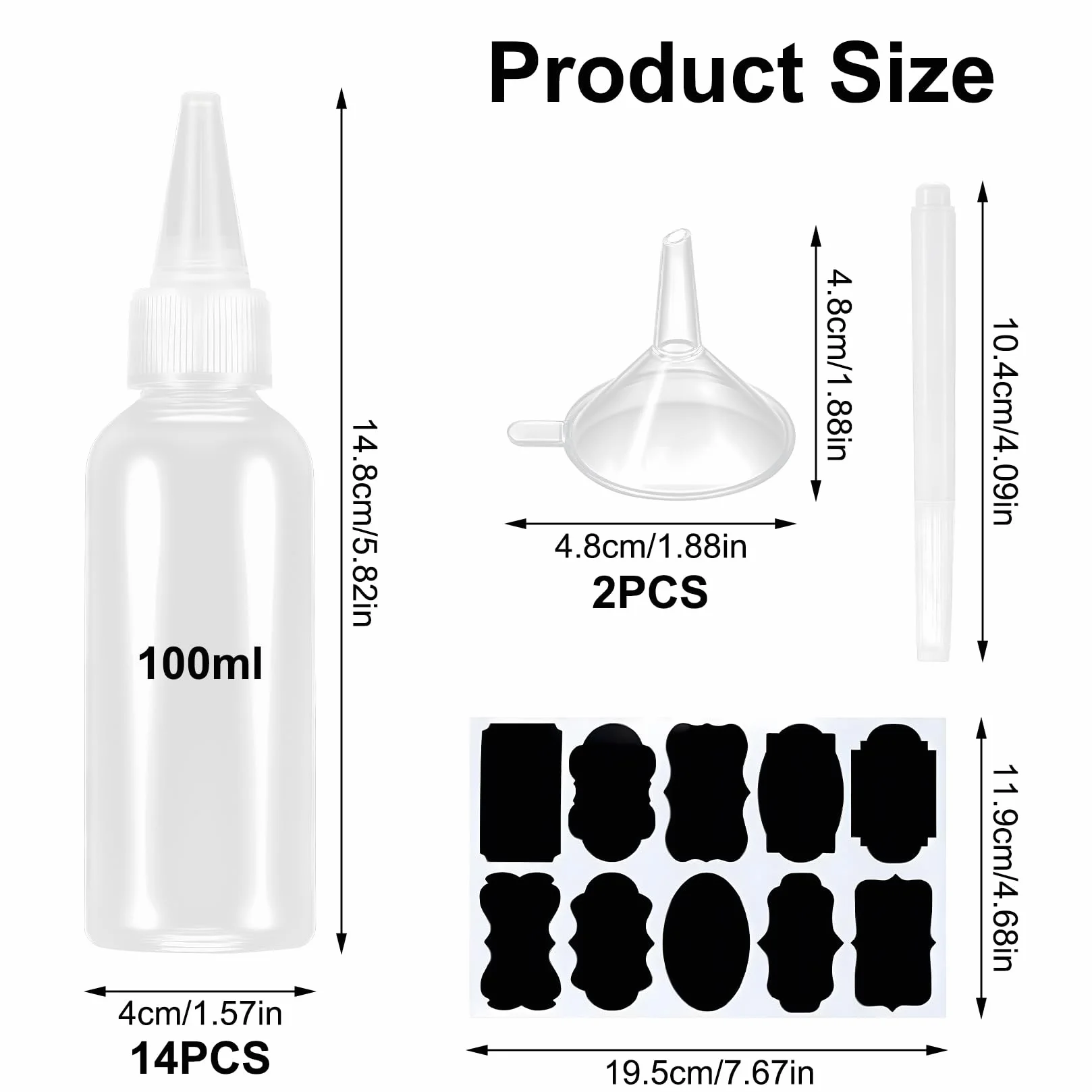 14 sztuk 100 ml butelki do wyciskania, aplikator, butelki do wyciskania 100 ml, małe plastikowe butelki do napełniania, butelki na olej, sos, sos, sos, lejki, etykiety, długopisy, 14 sztuk