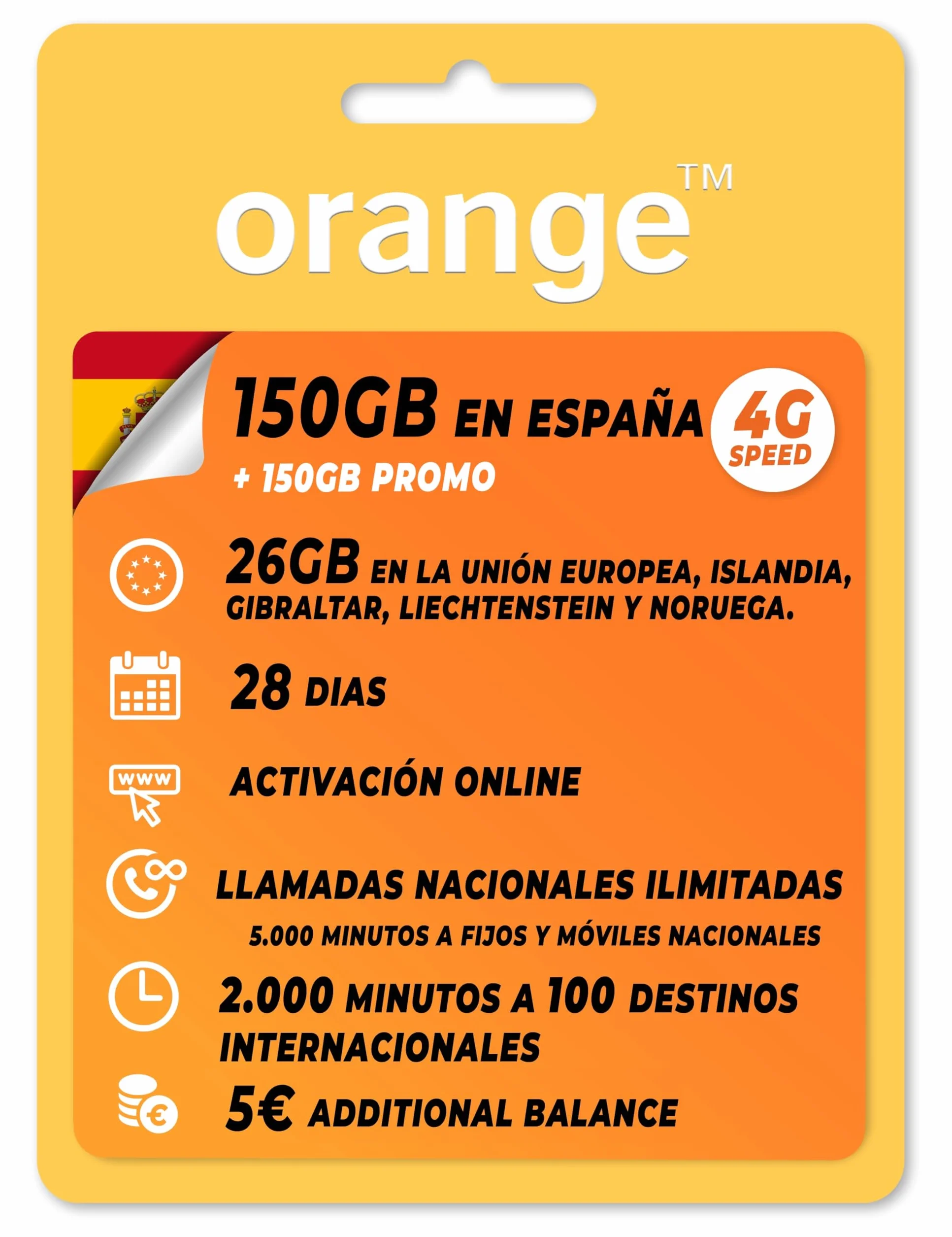 Orange Hiszpania - przedpłacona karta SIM 300 GB w Hiszpanii| 5€ salda | 26 GB w Unii Europejskiej | 2000 minut międzynarodowych | Aktywacja online Solo na www marcopolomobile com