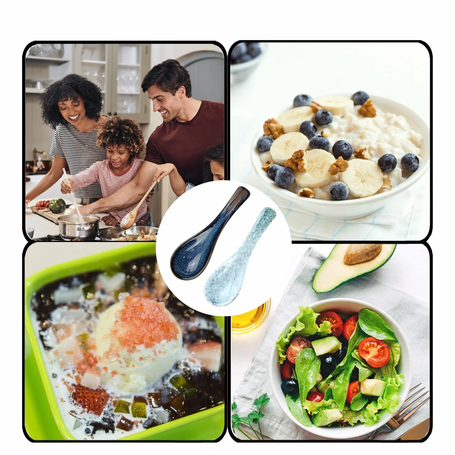 Ceramiczne łyżki do zupy azjatyckie niebieskie retro - zestaw 4 szt. do Ramen, Pho, Wonton