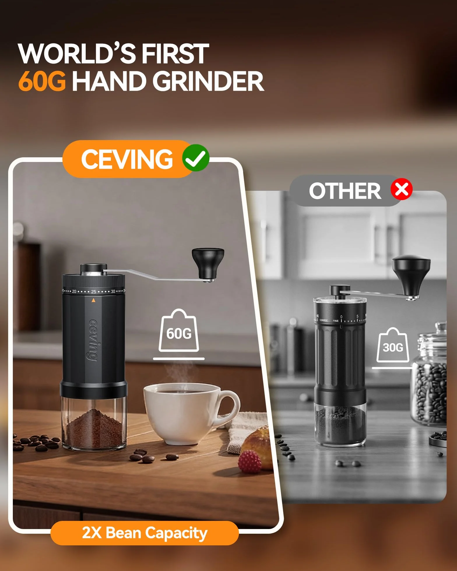 Ręczny młynek do kawy stalowy stożkowy 60g 40 regulacji przenośny do espresso pour-over