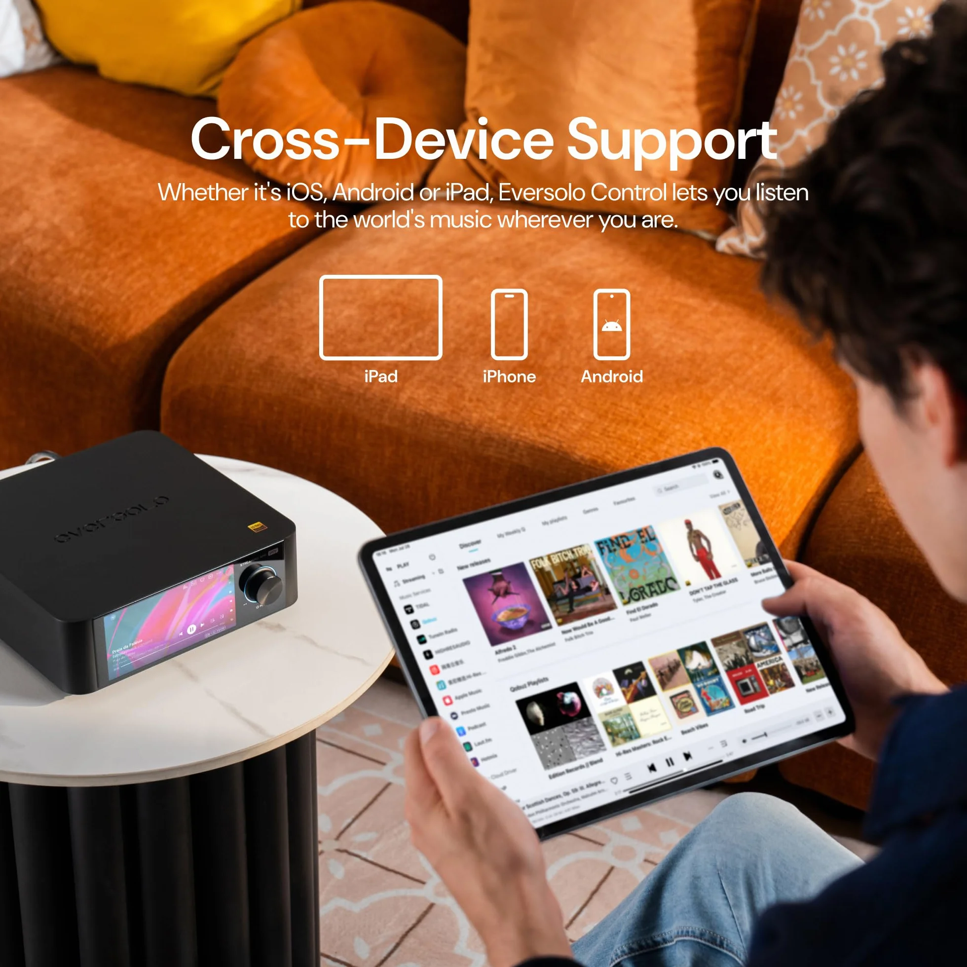 EVERSOLO Odtwarzaj streamer muzyczny All-in-One ze wzmacniaczem, ekran dotykowy 5,5 cala, obsługa korekty wielu pomieszczeń i pomieszczeń, Stream Tidal, Qobuz, Amazon Music i nie tylko, czarny (edycja