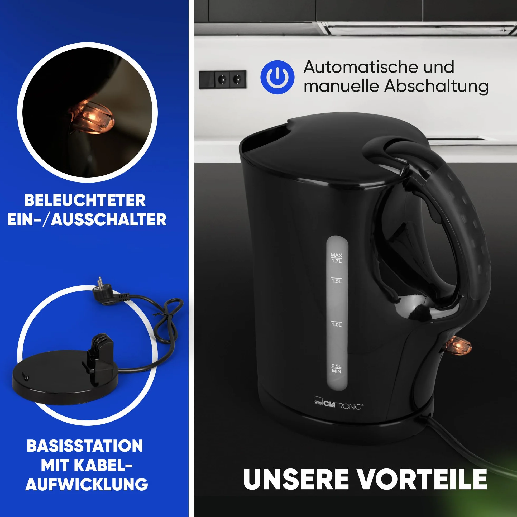 Hervidor de agua Clatronic® | Hervidor Wasserkocher 1,7 L con extracción automática y manual | filtro de cal extraíble | máx. 2200 vatios | Hervidor de agua | WK 3819 negro