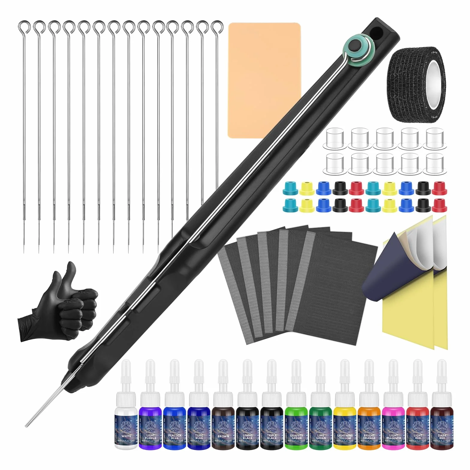ATOMUS Zestaw do tatuażu Poke Pen Kit Home Tattoo Tool Kit z 14 kolorami tuszu, igieł, do ćwiczeń, skóry, maty stołowe, kubek atramentowy, papier transferowy