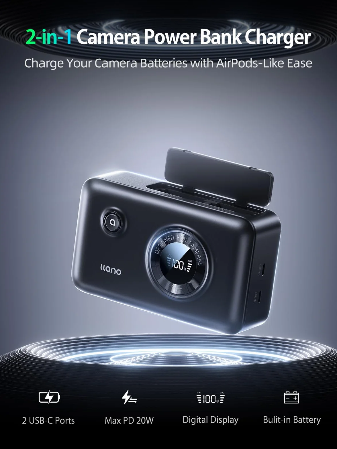 llano 2-w-1 LP-E6NH LP-E6P podwójna szybka ładowarka do akumulatora, ładowanie USB-C PD 20 W, kompatybilna z Canon EOS R5, R5 Mark II, R6 Mark II, 5D 6D, 60D, 70D, 80D, 90D