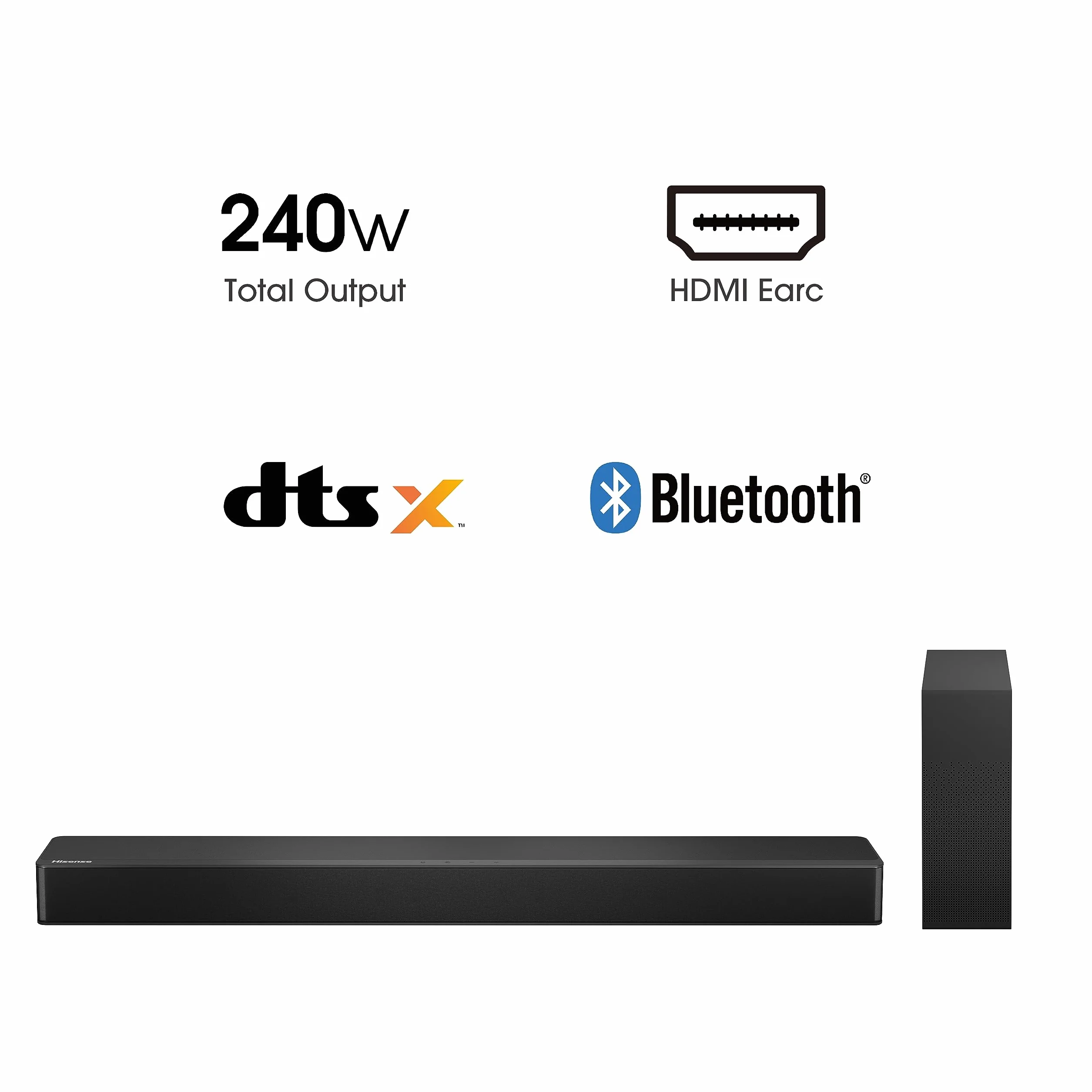Hisense HS2100 Soundbar 2.1, 240 W, cienki subwoofer zewnętrzny, bezprzewodowy subwoofer, obsługuje Dolby Digital i DTS Virtual:X, Bluetooth, HDMI, USB, optyczne wejście audio
