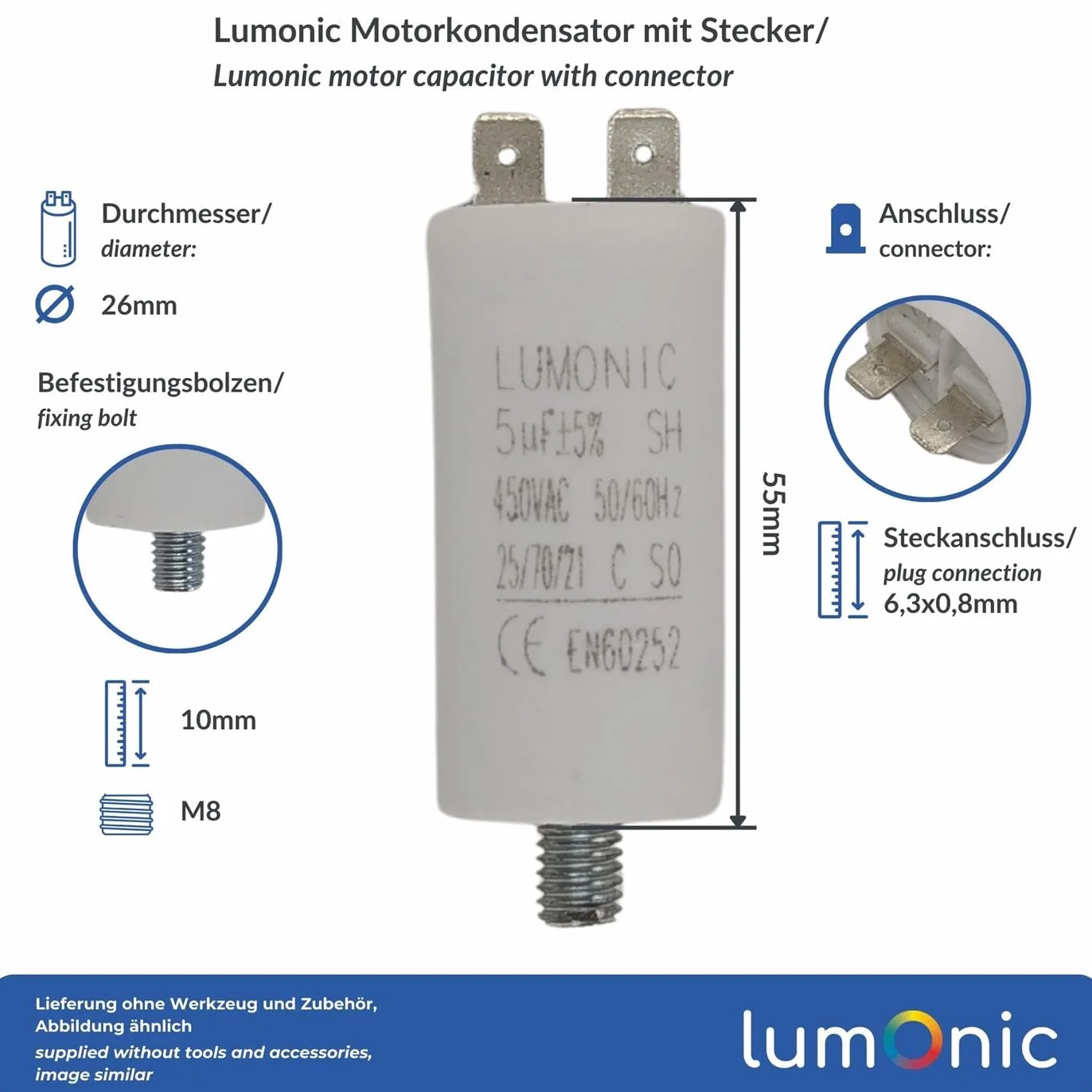 Lumonic Kondensator rozruchowy 5µF 450V | z WtyczkaX I 26x55mm I 5uF I Kondensator silnikowy z plastikowa obudowa I Kondensator operacyjny I do pomp, kosiarek, narzedzi