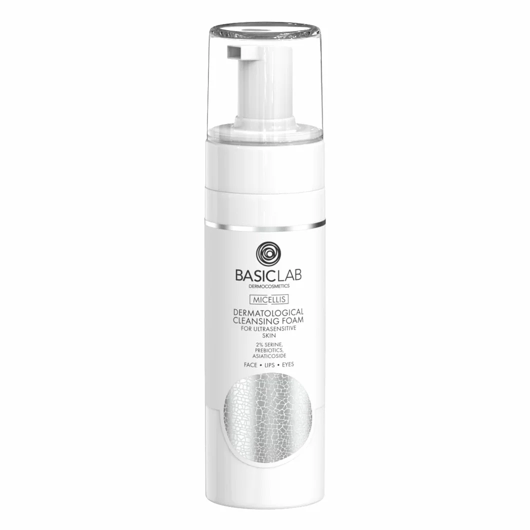 BasicLab Dermatologiczna pianka oczyszczająca do skóry bardzo wrażliwej, 150 ml, oczyszczająca i uspokajająca – aminokwasy, prebiotyki, CICA i pantenol