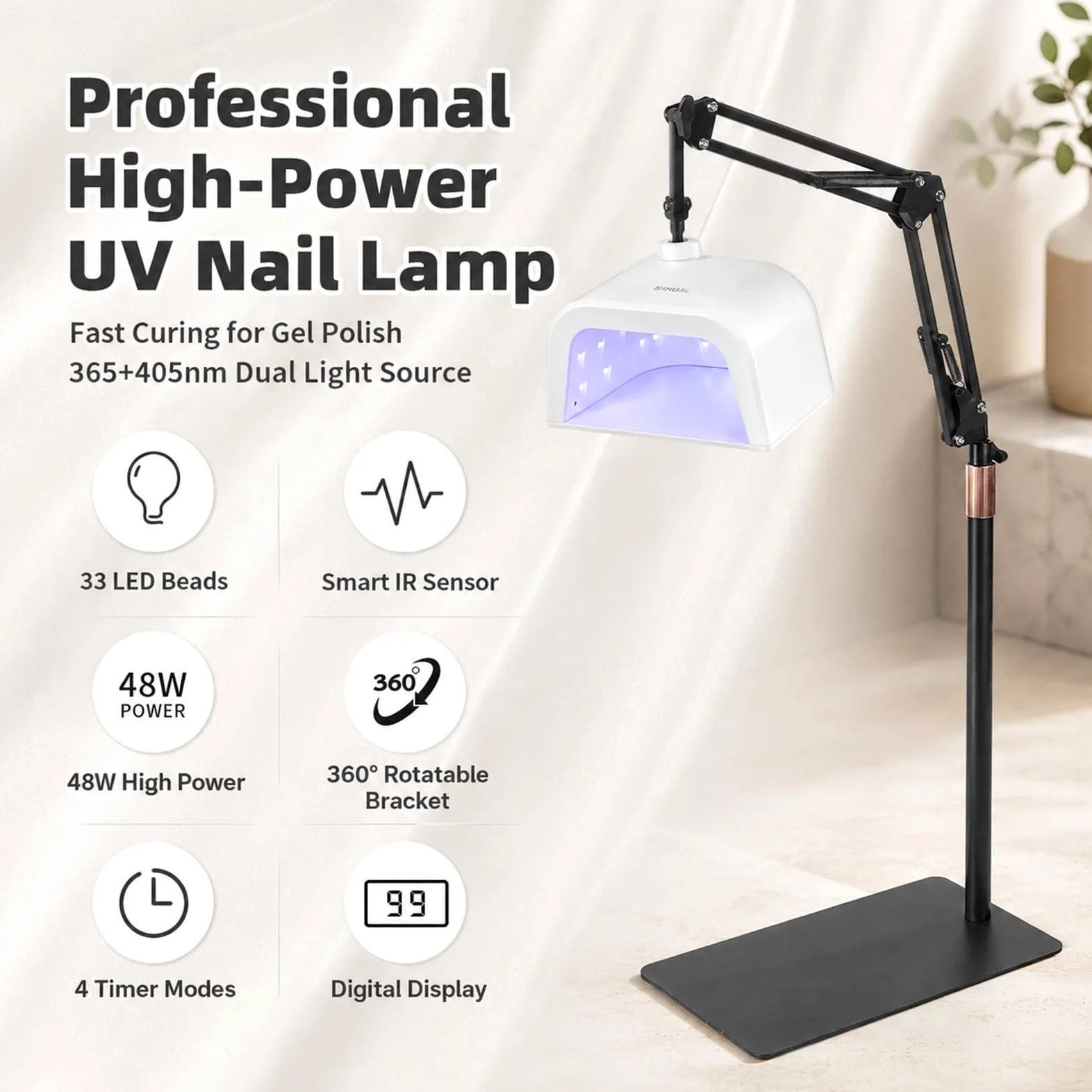 Lampa do Pedicure ze Stojakiem, Lampa UV LED do Utwardzania Żelu | Do Salonu lub Domu, Suszarka 48 W z Akumulatorem, 33 Diody LED, 4 Timery i Obrotowy Stojak do Manicure i Pedicure