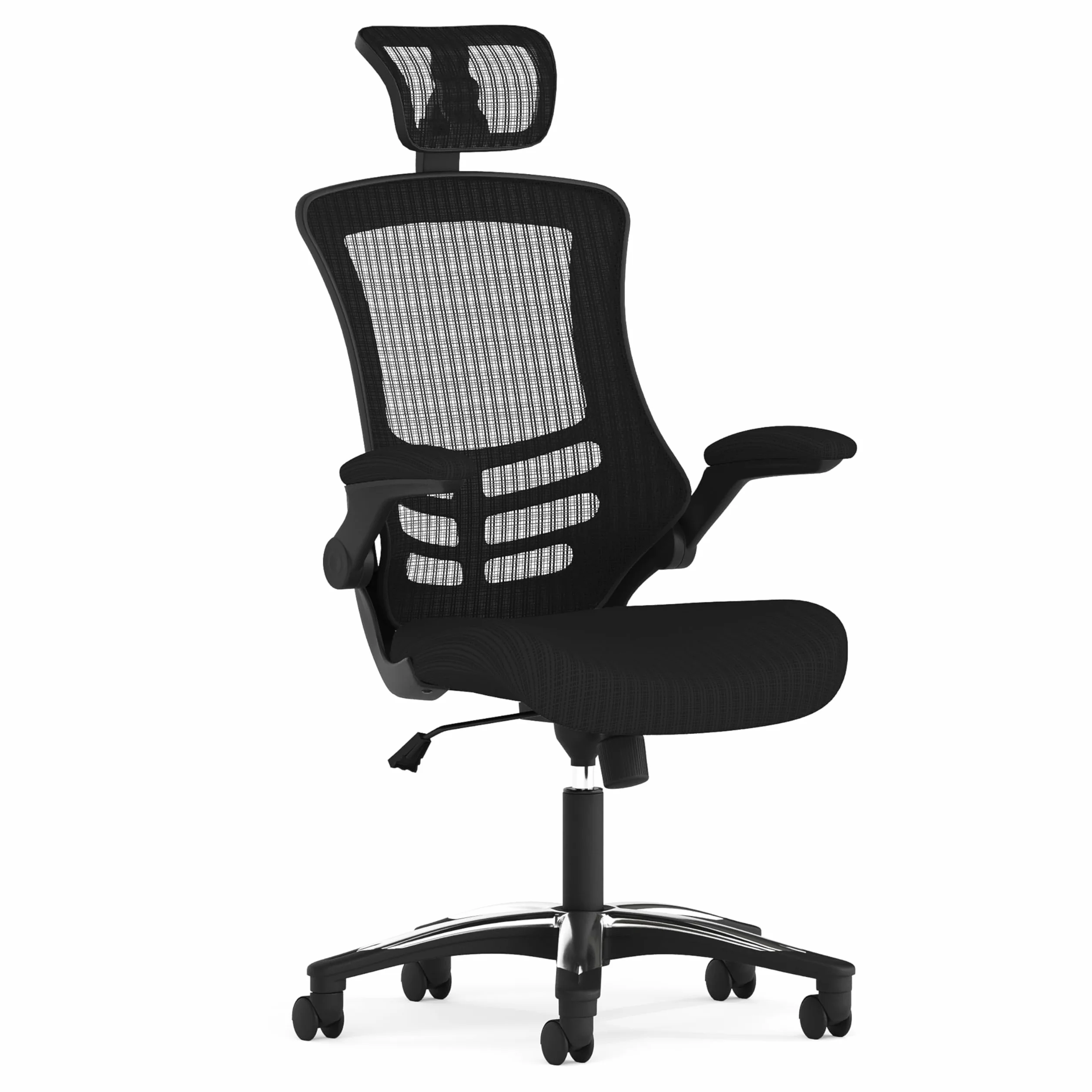 Ergonomiczne, obrotowe krzesło biurowe z wysokim oparciem z siatki, podnoszonymi podłokietnikami i regulowanym zagłówkiem (czarne)
