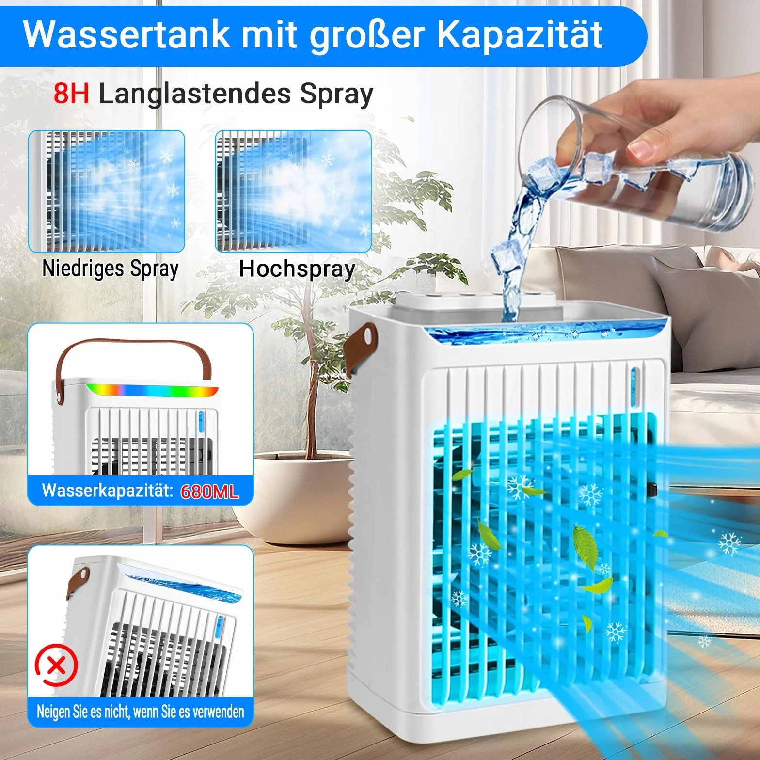 Przenośny mini klimatyzator 5 w 1 z 5 prędkościami nawiewu, 2 mgiełkami, timerem 2/4/6 H i LED, biały