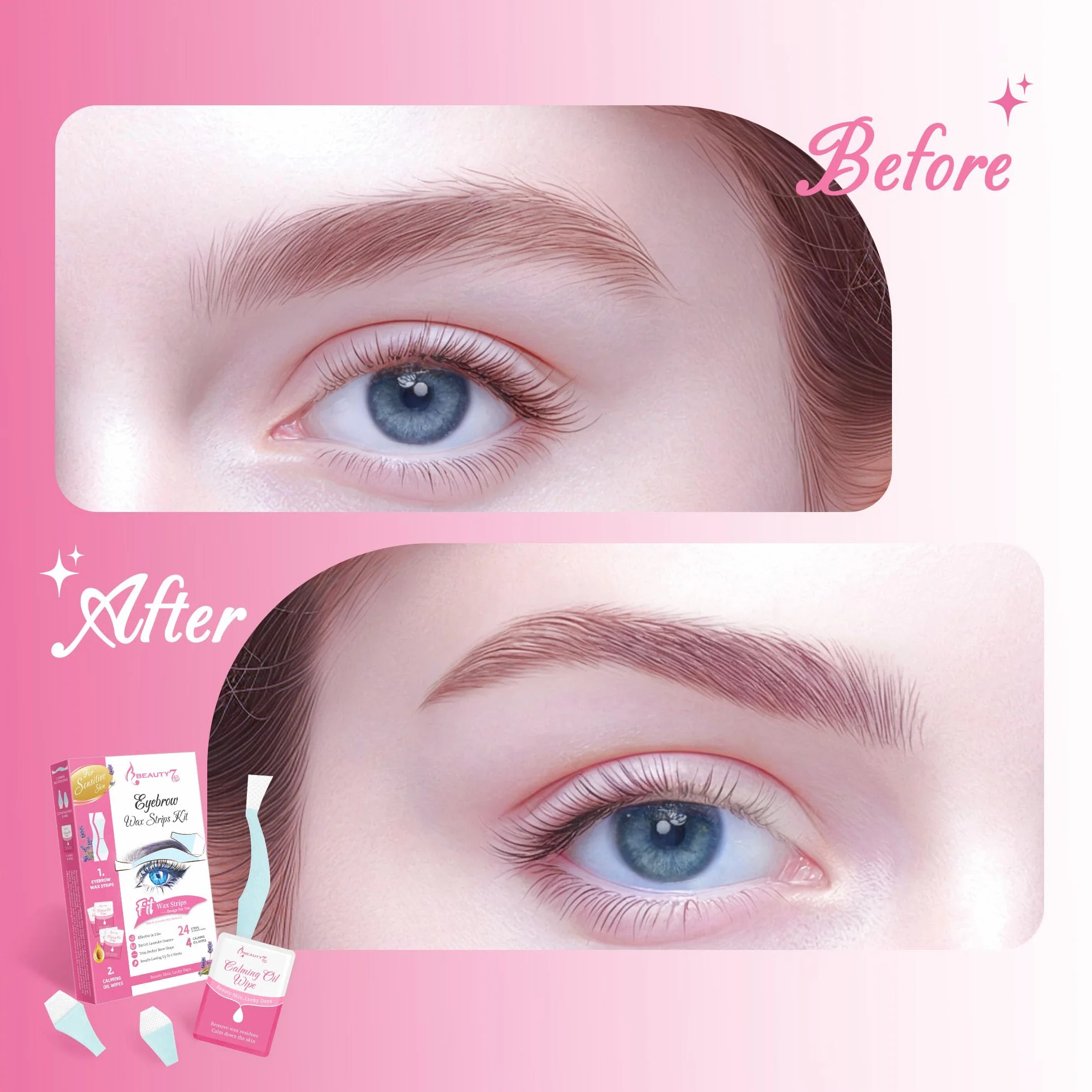 Beauty7 Paski woskowe do brwi Fit – 24 szt. wstępnie przycięte, z 4 chusteczkami do usuwania wosku – paski do depilacji skóry wrażliwej