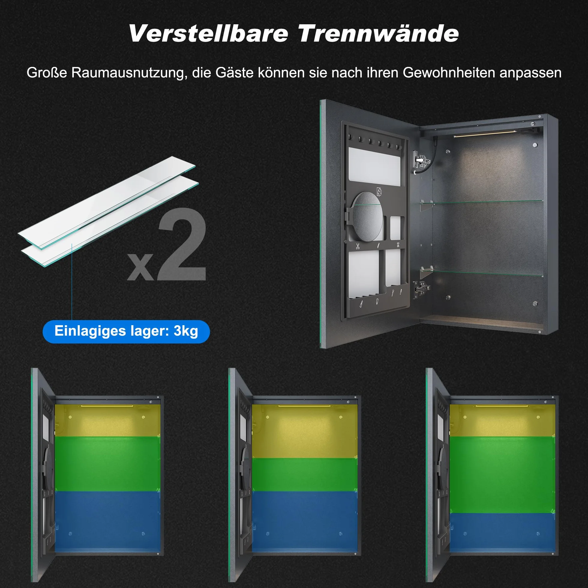 SONNI Szafka z lustrem LED z organizerem na kosmetyki, 50 x 70 cm, gniazdko elektryczne i 3-krotne powiększenie, 3 kolory światła, możliwość przyciemniania – ciemnoszara
