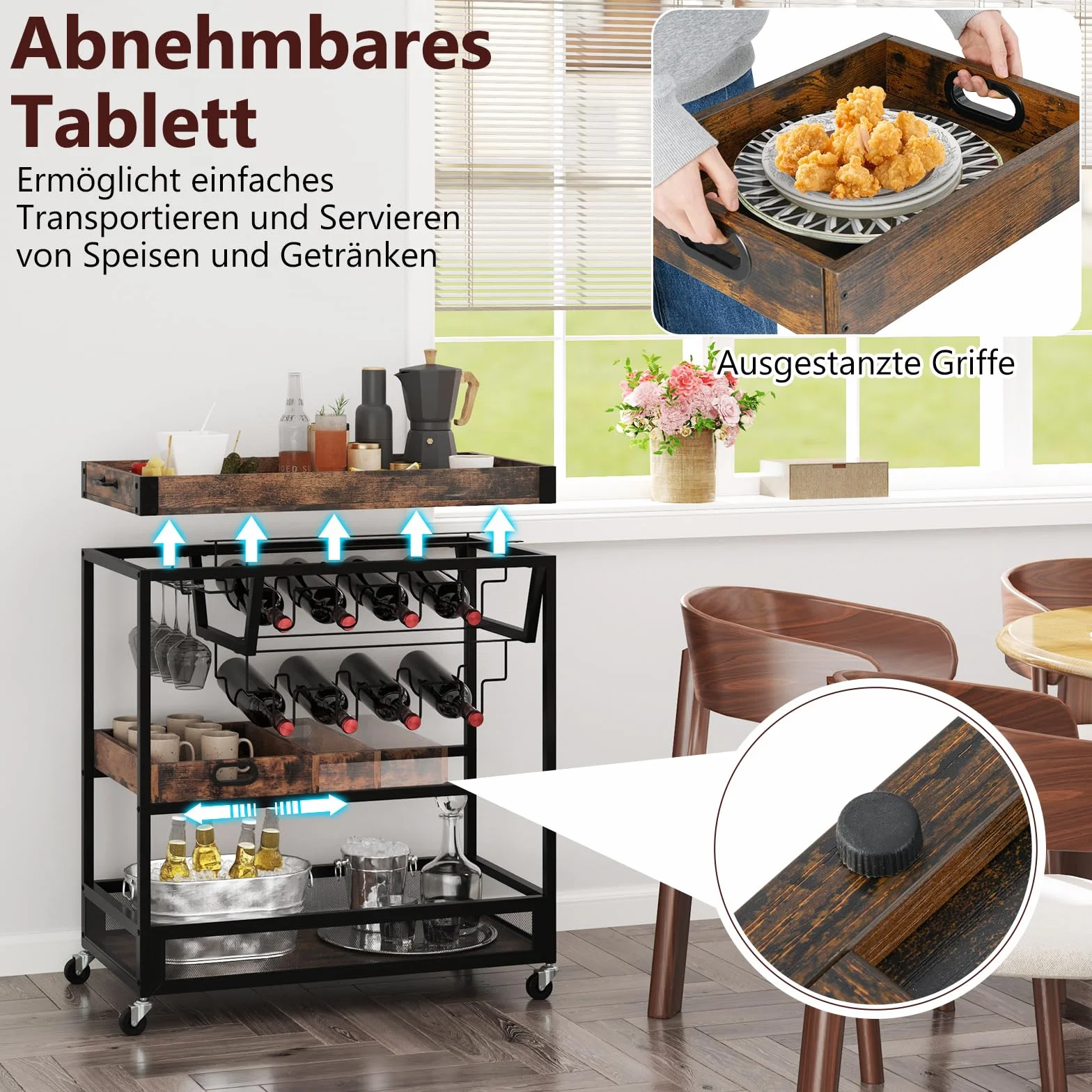 COSTWAY Wózek do serwowania ze zdejmowaną tacą, wózek kuchenny 3 poziomy, wózek z uchwytem na szkło i regałem na wino, wózek barowy na kółkach, wózek z napojami do kuchni, jadalni, baru, brązowy
