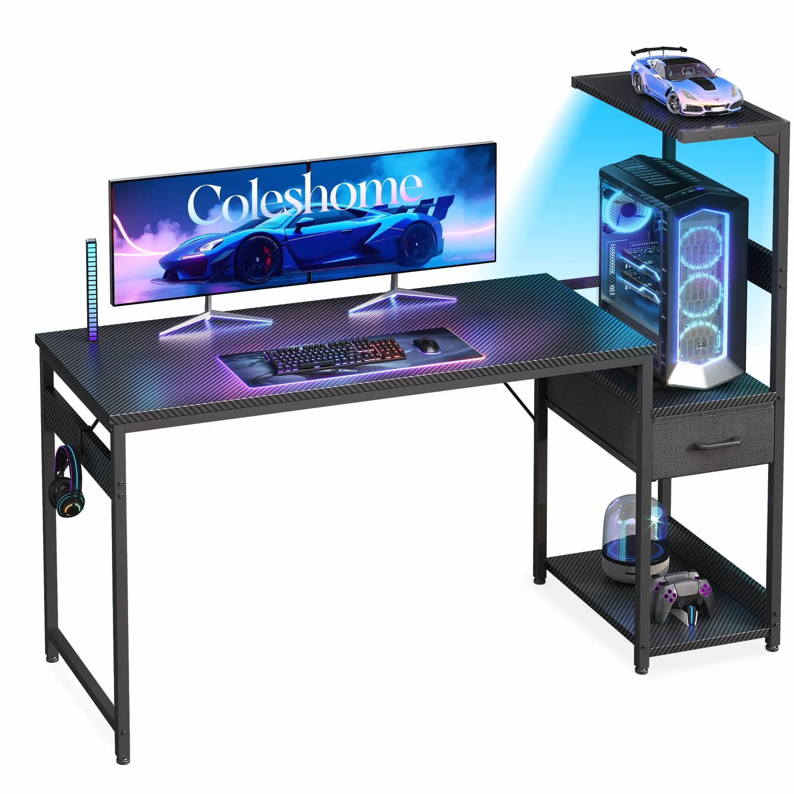 Coleshome Biurko gamingowe z oświetleniem LED, 138×48 cm, Czarne włókno węglowe