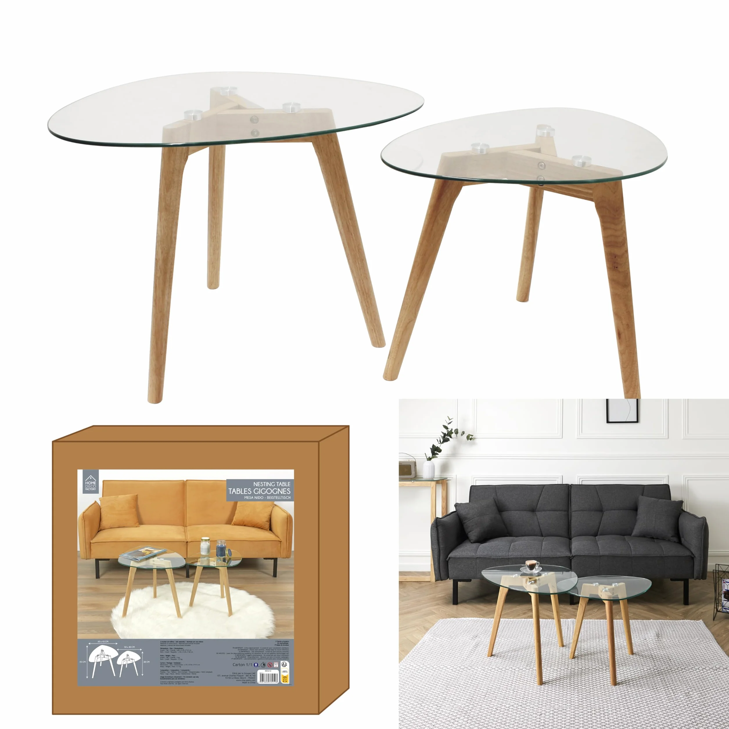 THE HOME DECO FACTORY Mesas Nido de Madera 2 sztuki 60 x 45 x 43 cm