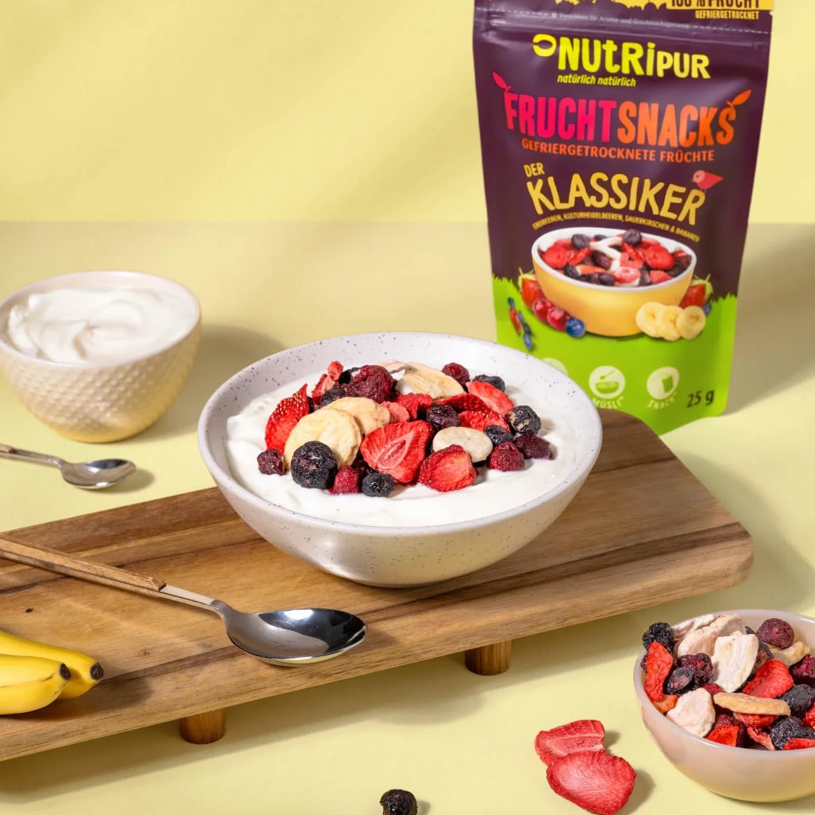 Mrożone owoce Klasyk mieszanka 100 g suszone jagody truskawki borówki wiśnie banany bez cukru 100% owoców