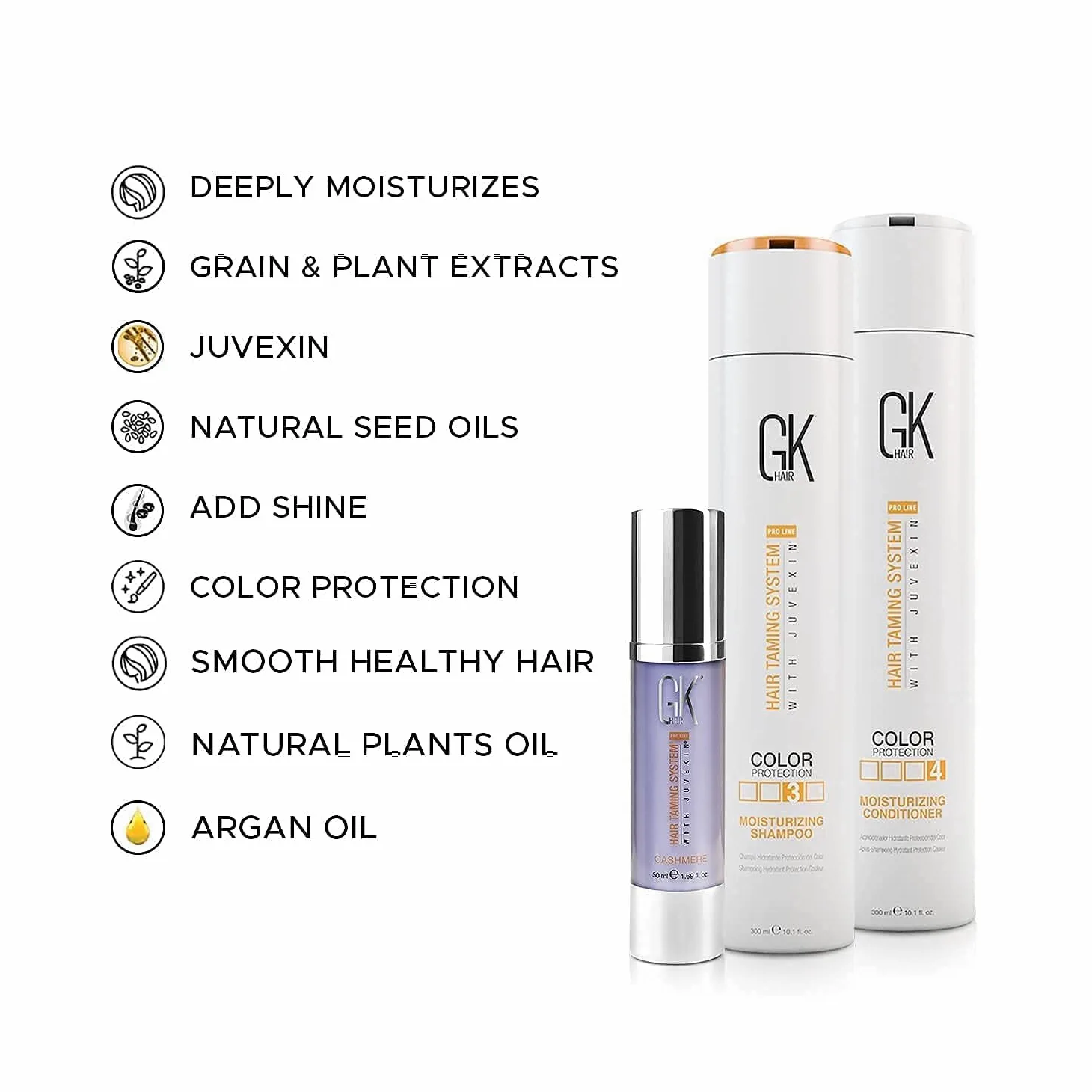 GK Hair Global Keratin Moisturizing szampon i odżywka 300 ml z Cashmere 50 ml i bezpłatnym serum z olejkiem arganowym 10 ml do suchych, kręconych grubych, kędzierzawych włosów, niesfornych włosów