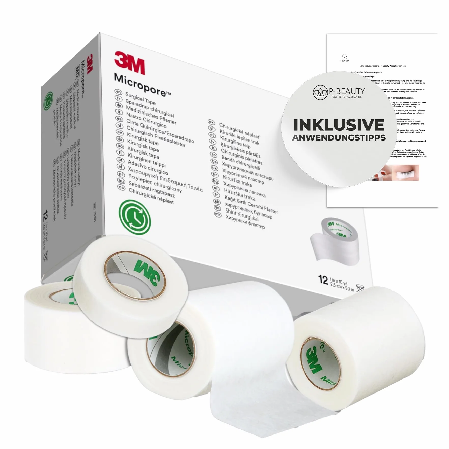 taśma Micropore Tape 3M, 5 sztuk, z końcówkami aplikacyjnymi, do przedłużania rzęs, medyczne plastry z włókniny, nie zawiera lateksu, hipoalergiczna, oddychająca, wodoodporna – taśma do rzęs