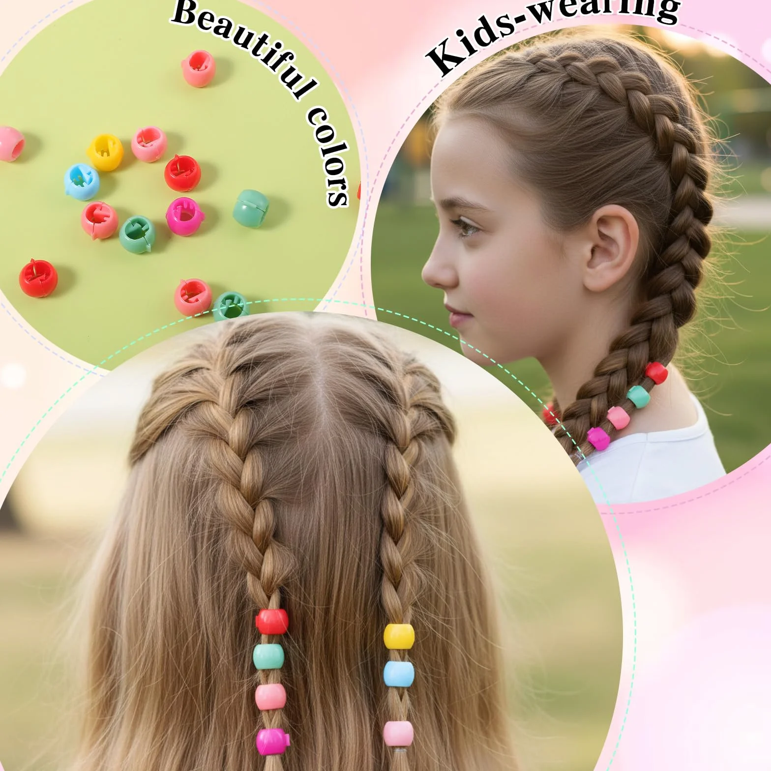 150 sztuk kolorowych koralików do włosów z klipsami do włosów, mini okrągłe koraliki do włosów, spinki do włosów dla dzieci, tworzywo sztuczne, klipsy do włosów, koński ogon, warkocz, 150