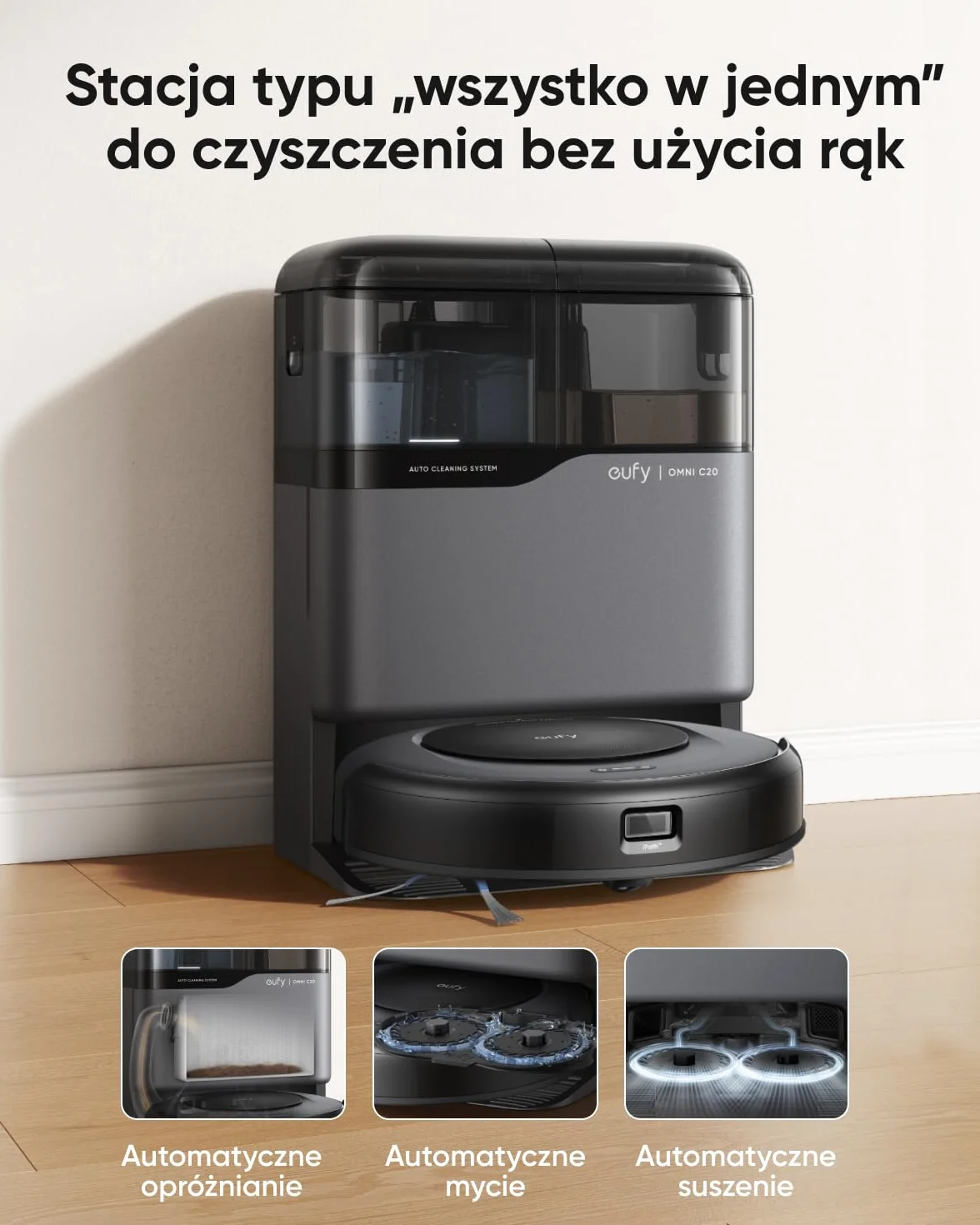 Odkurzacz automatyczny eufy Omni C20 7000 Pa, stacja wielofunkcyjna, mycie i suszenie mopa, korpus 8,5 cm