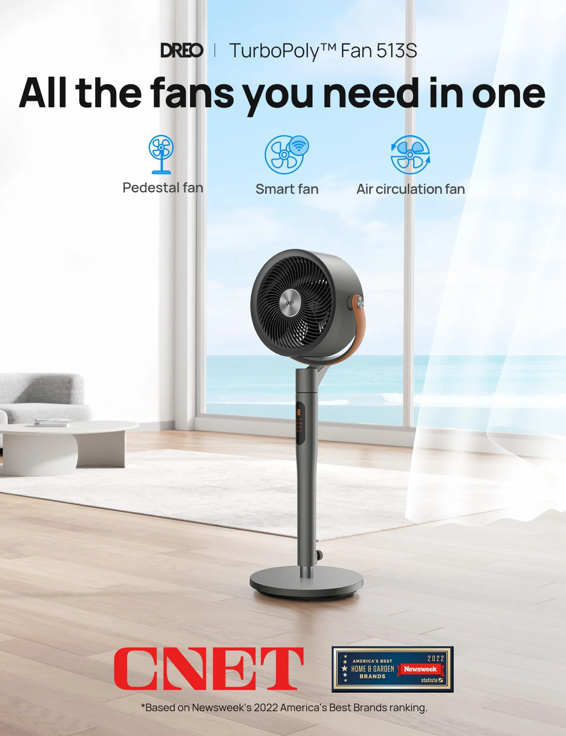 Dreo Wentylator Pedestal 513S 43'' cichy stojący z pilotem Wi-Fi Alexa Google 6