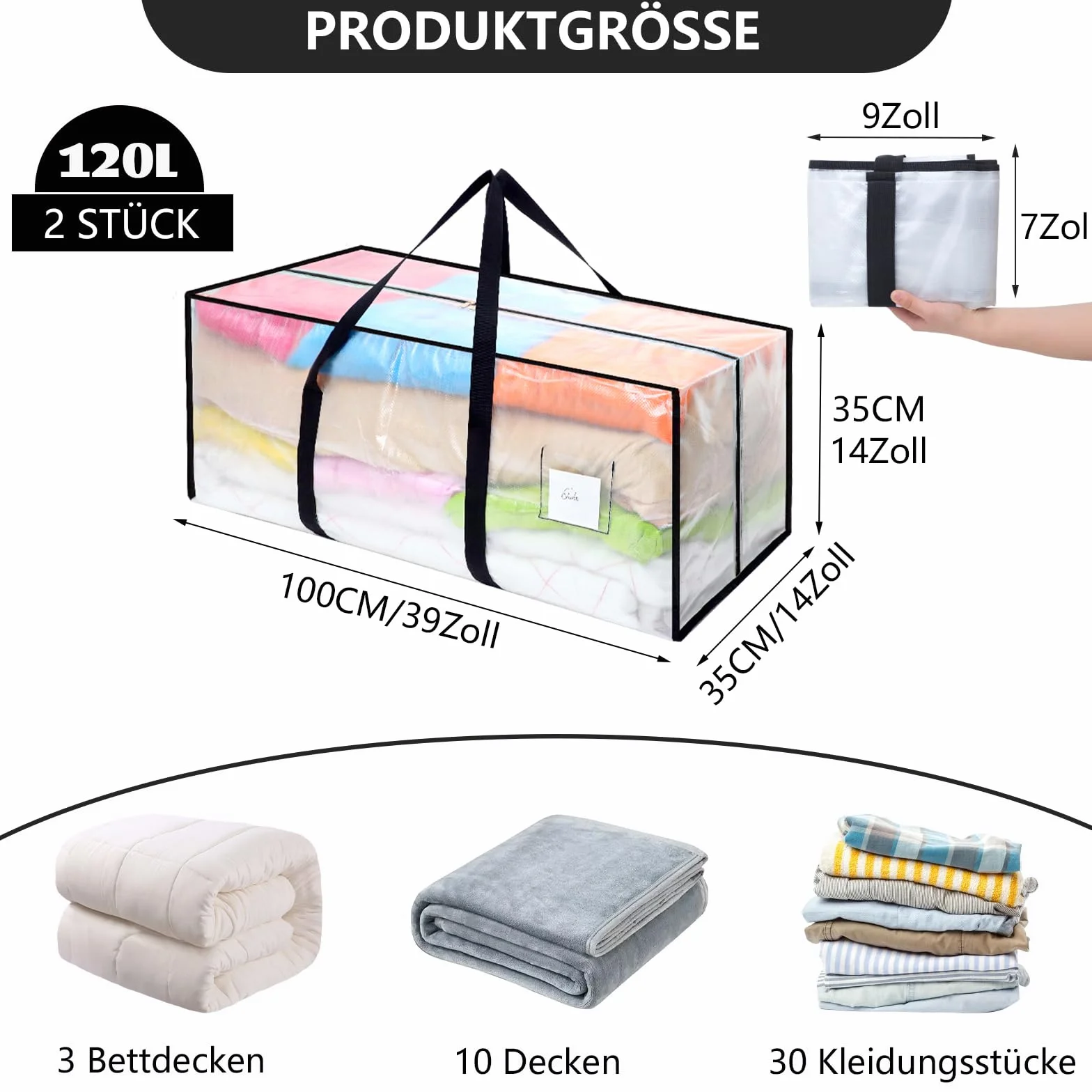Dntorx 2 sztuki toreb do przechowywania, 120 l, przezroczyste kartony do przeprowadzki, duże pudełka do przeprowadzki, z zamkiem błyskawicznym, uchwyt, składane pudełko do przechowywania, na kemping